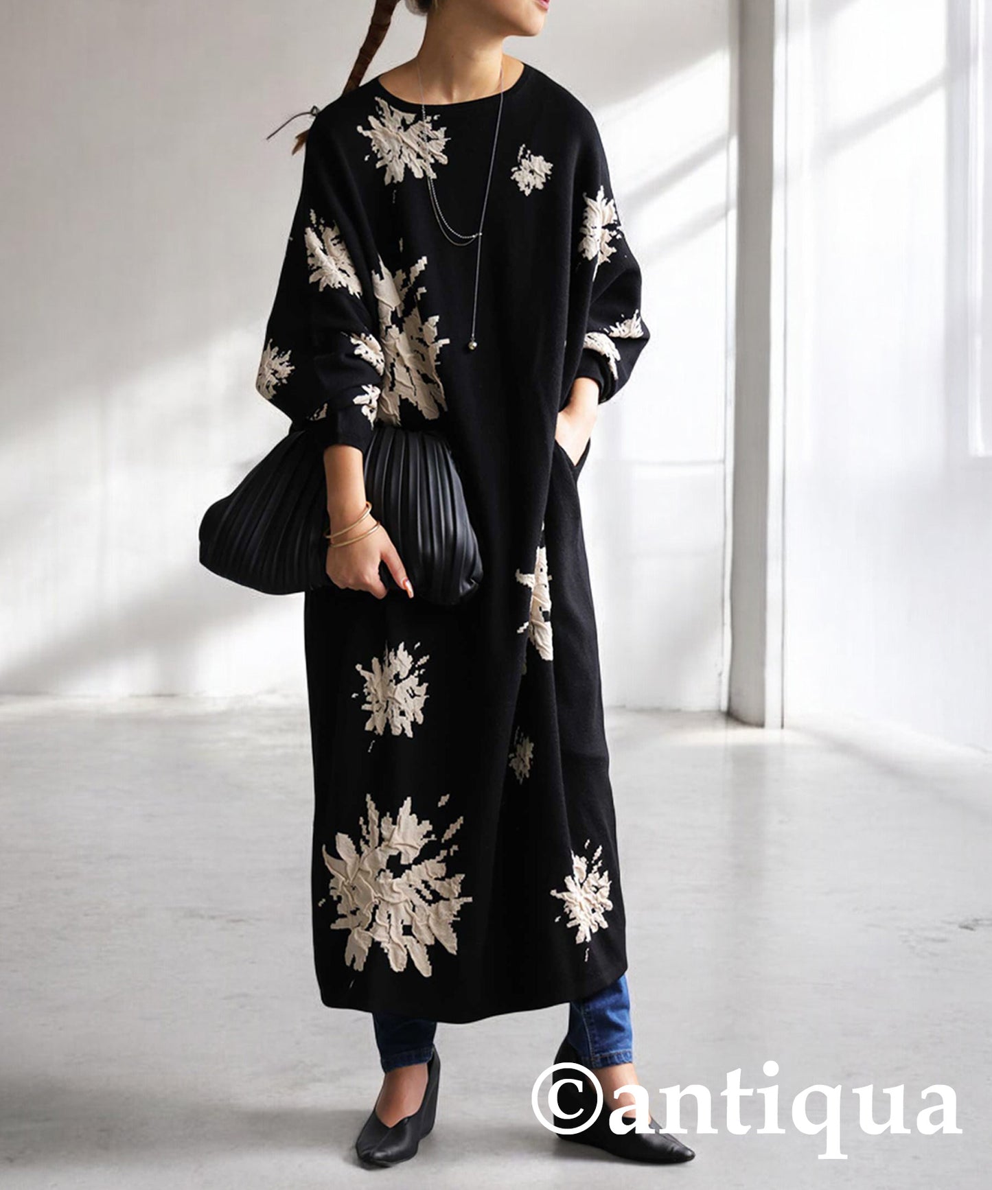 Floral Pattern Dolman Knit Dress Ladies