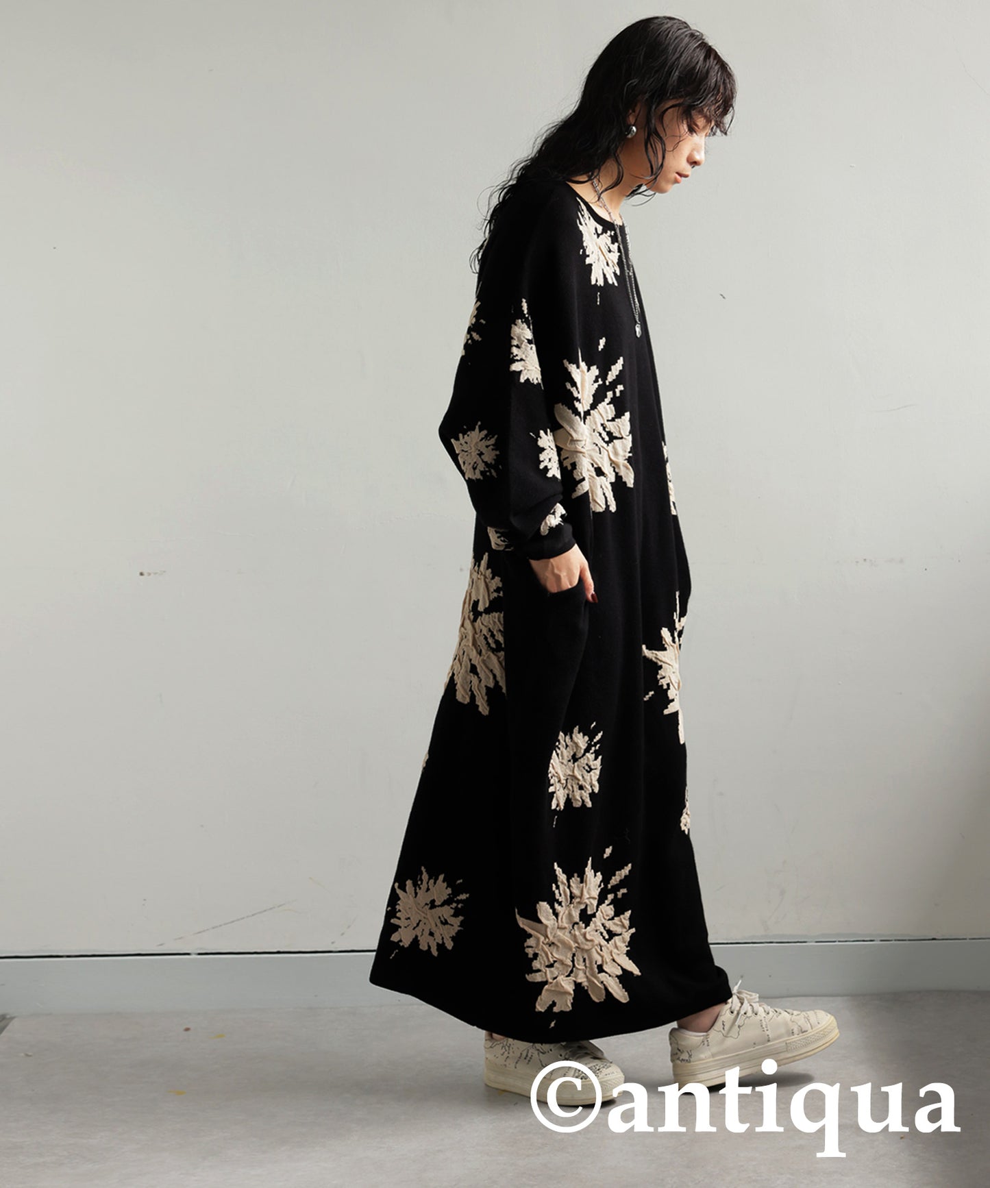 Floral Pattern Dolman Knit Dress Ladies