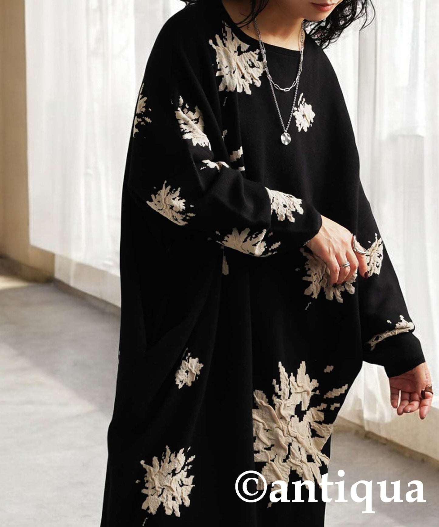 Floral Pattern Dolman Knit Dress Ladies