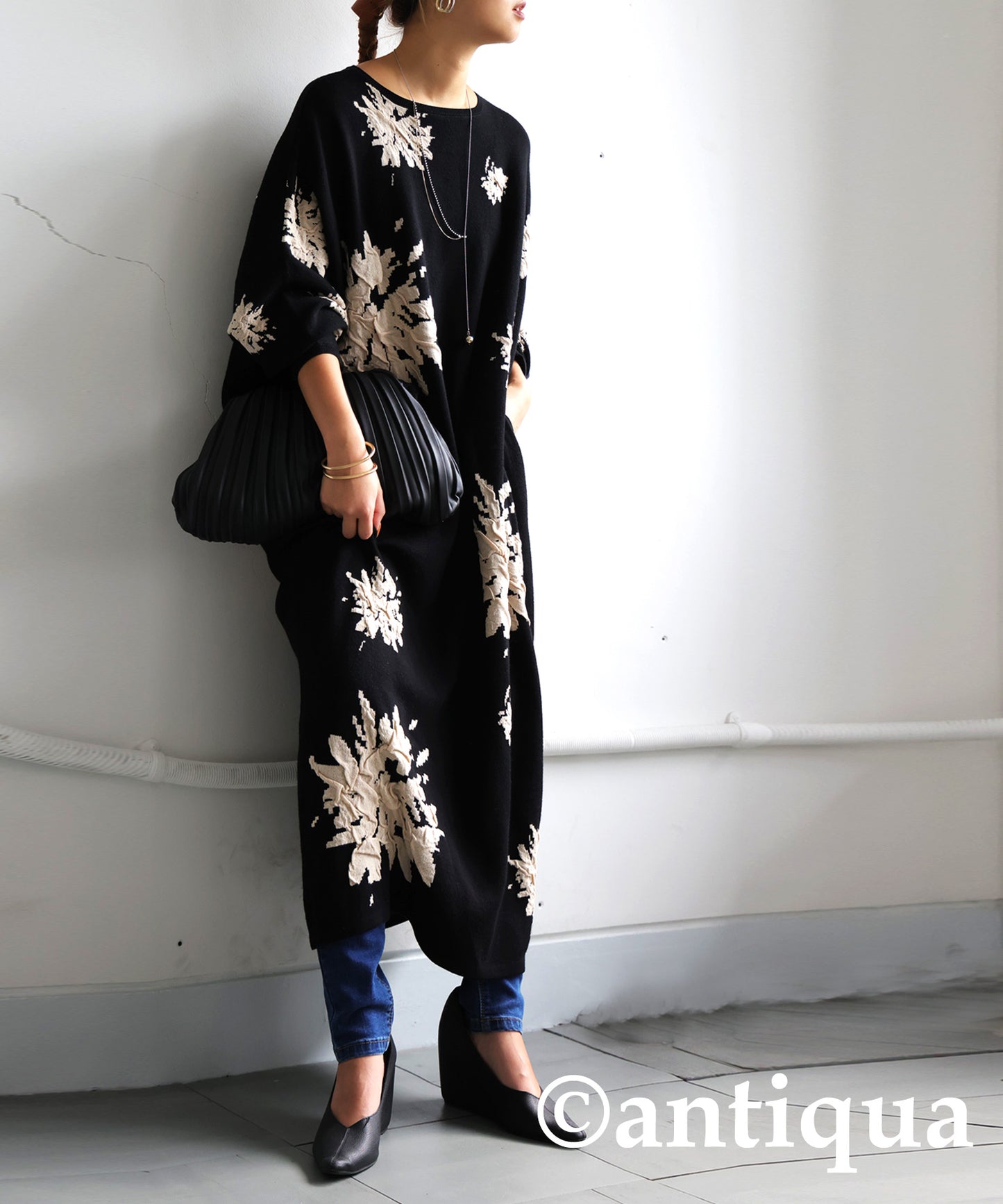 Floral Pattern Dolman Knit Dress Ladies