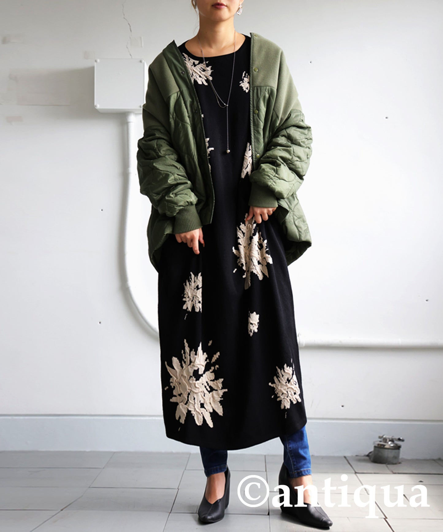 Floral Pattern Dolman Knit Dress Ladies