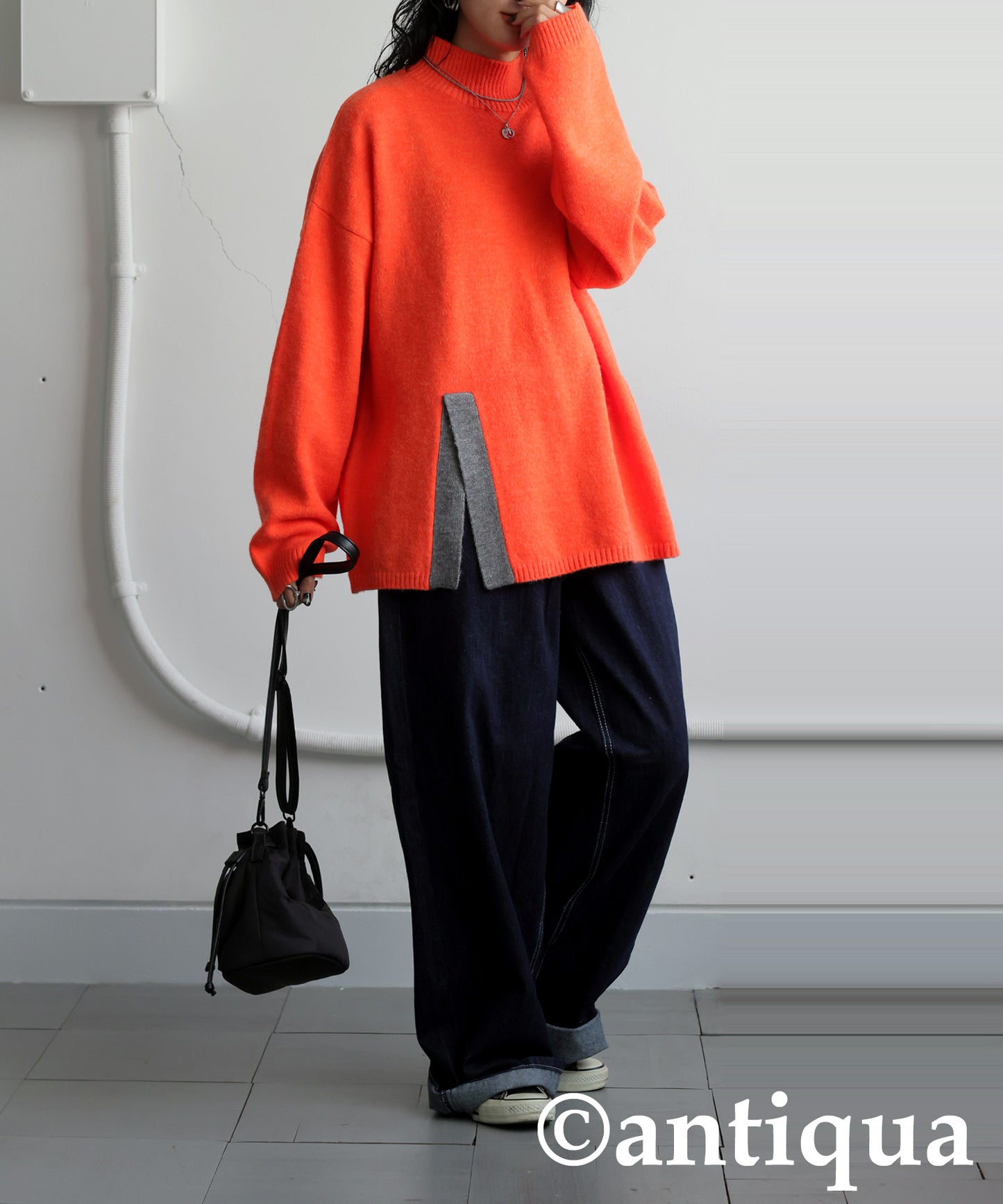 High Neck Slit Knit Ladies
