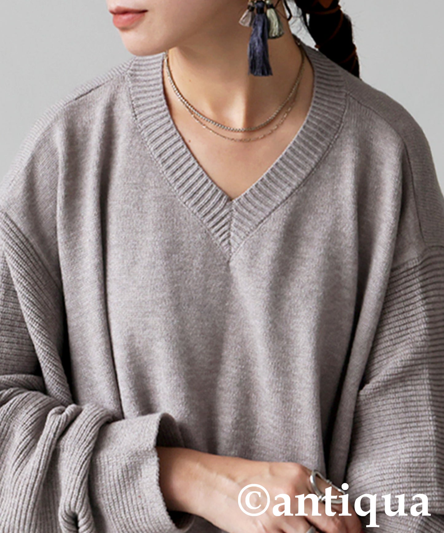 V-Neck Wide Knit Top Ladies