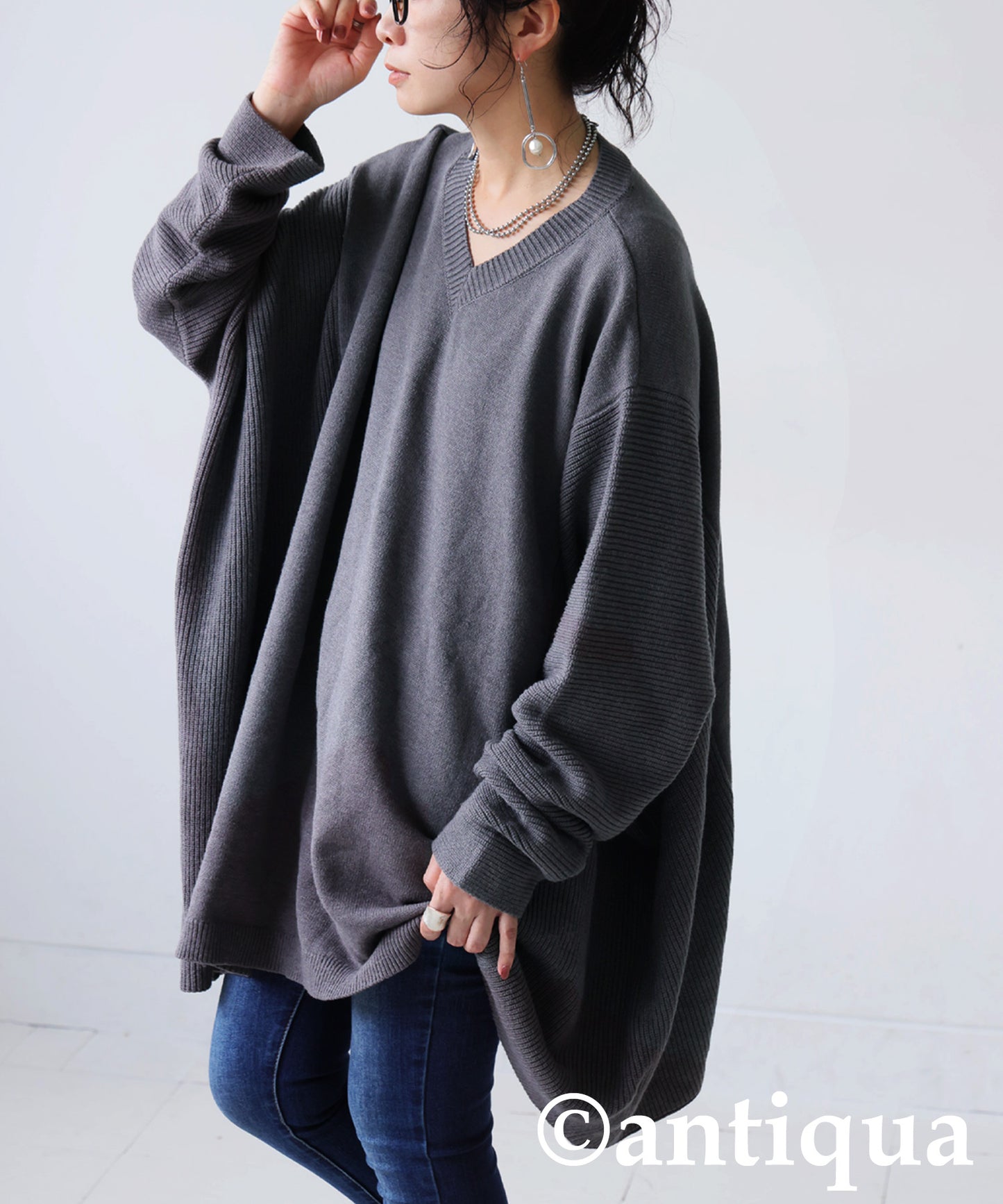 V-Neck Wide Knit Top Ladies