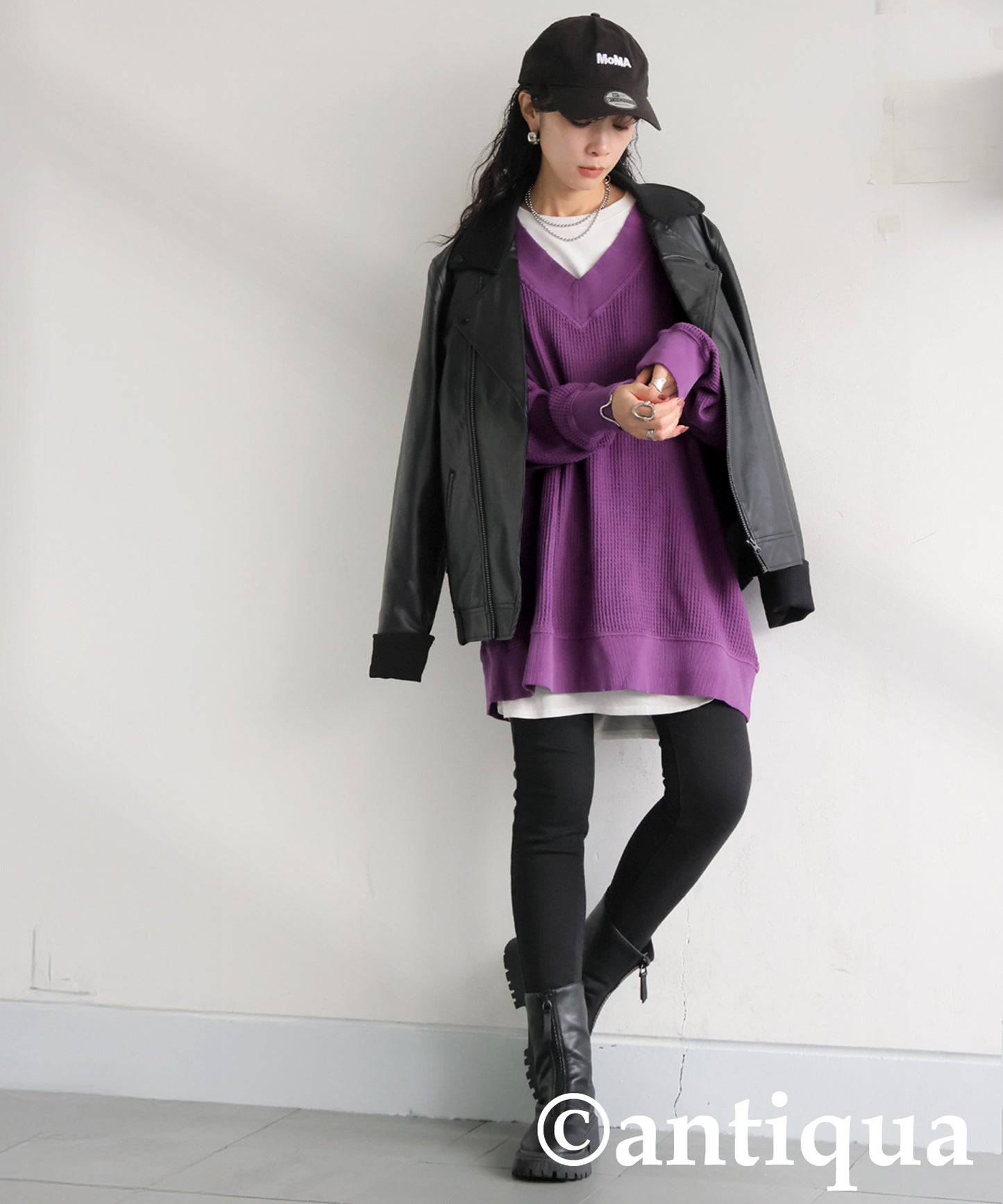 Pigmented Oni Waffle V-Neck Pullover Ladies