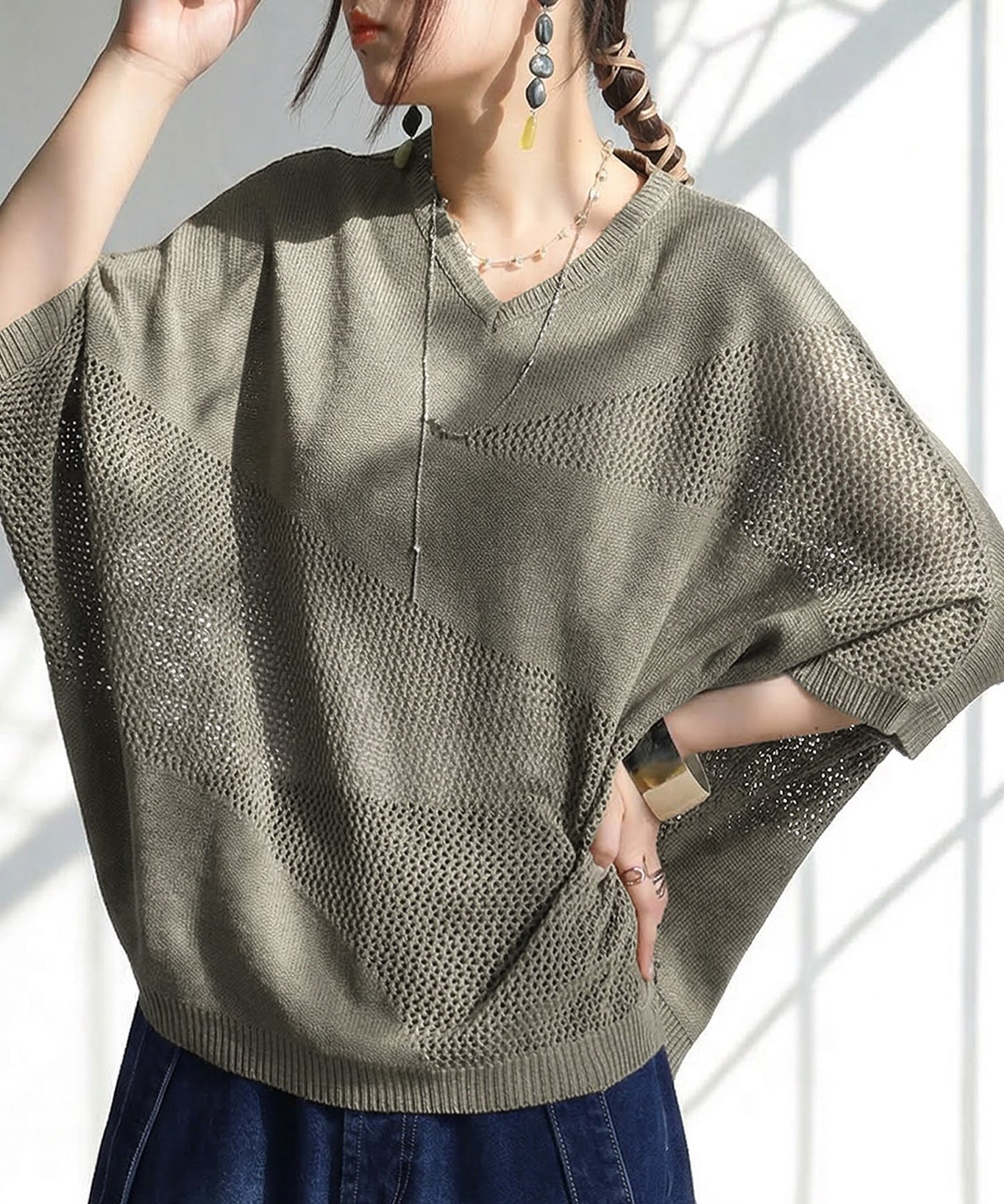 Dolman V-Neck Mesh Knit Ladies