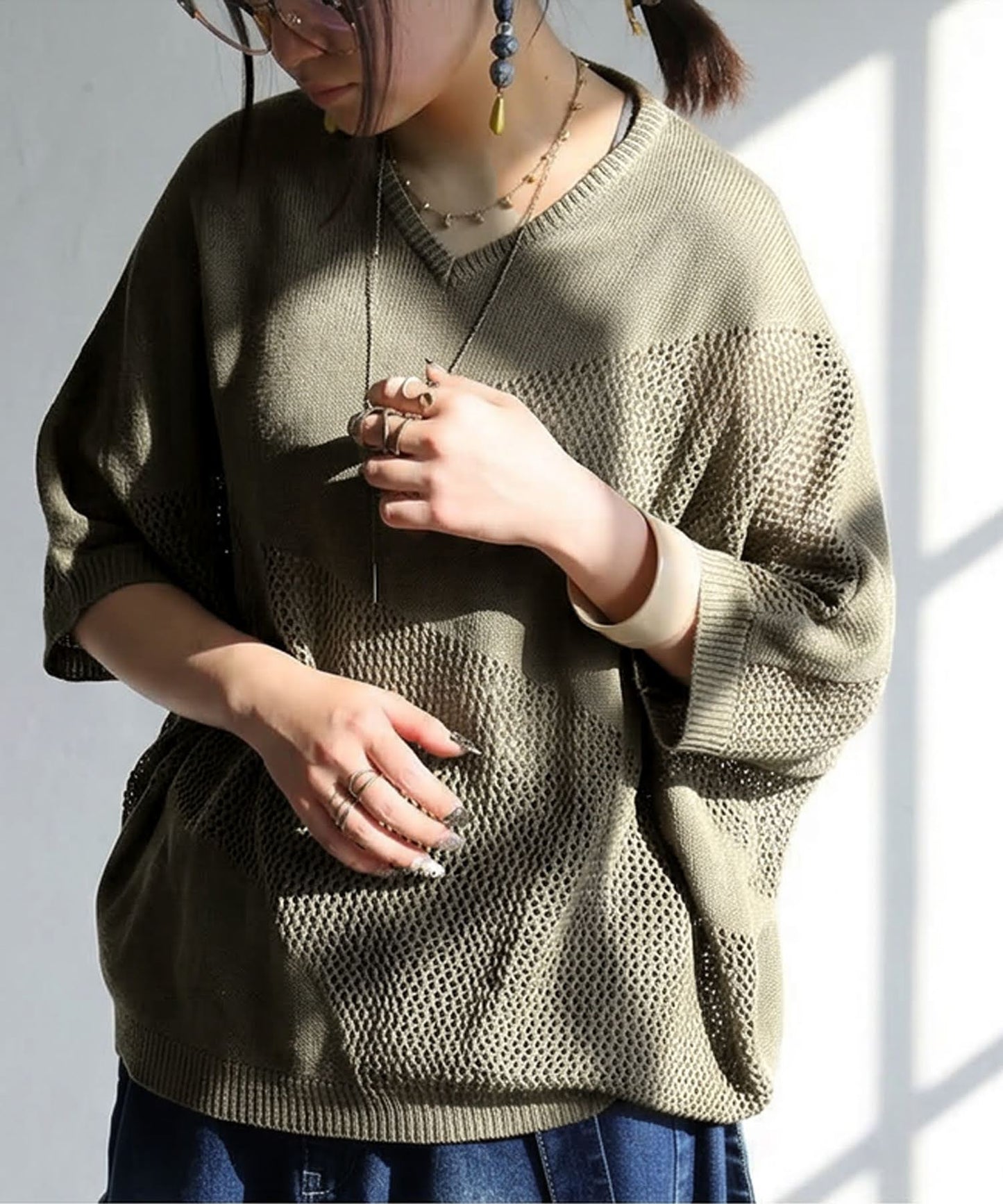 Dolman V-Neck Mesh Knit Ladies