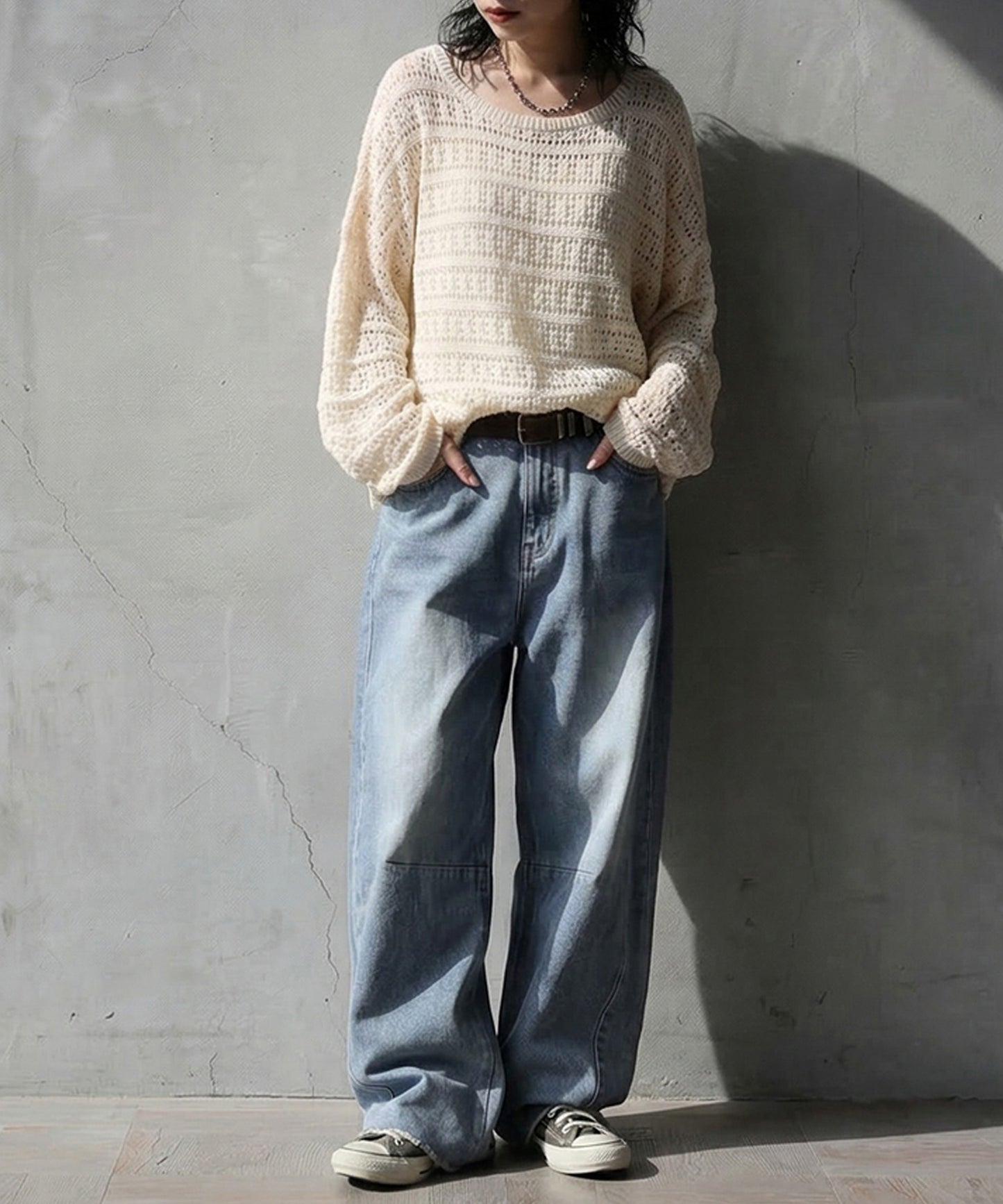 Dolman-Style Openwork Knit Sweater Ladies
