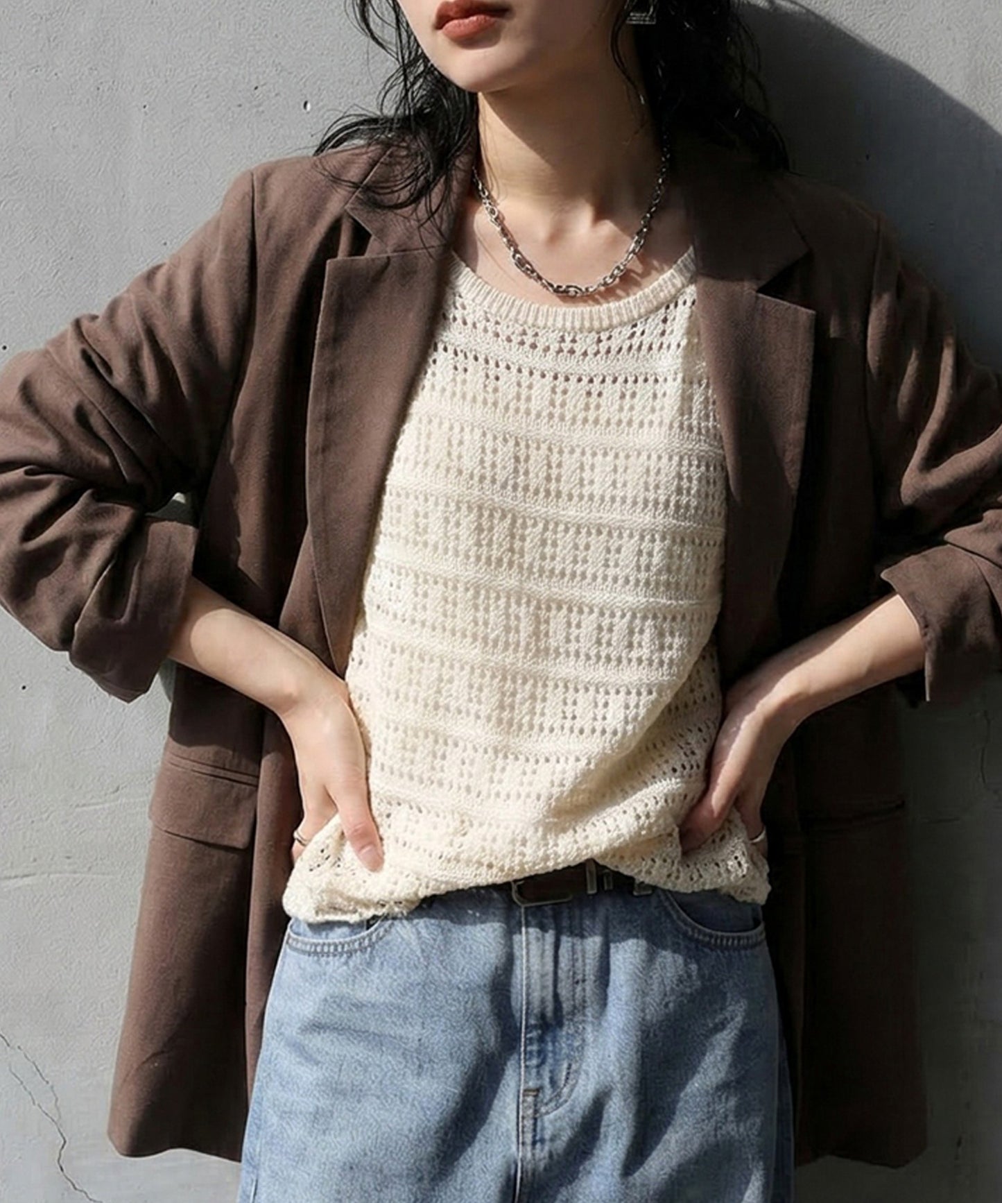 Dolman-Style Openwork Knit Sweater Ladies
