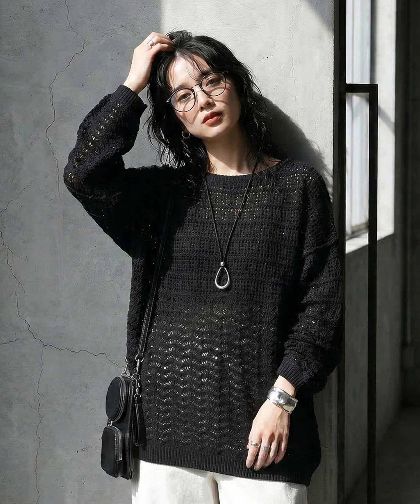 Dolman-Style Openwork Knit Sweater Ladies