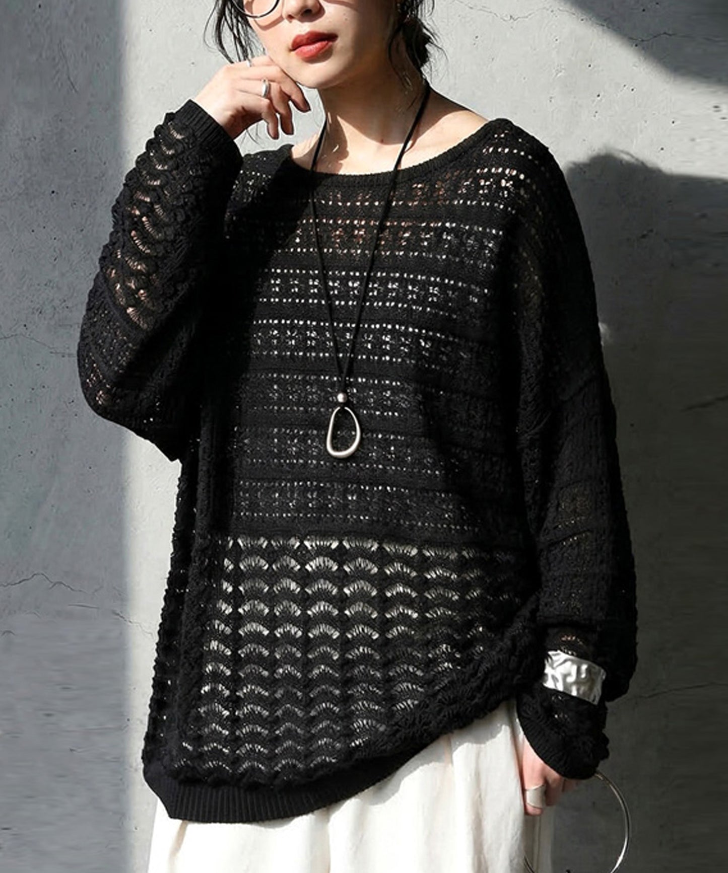 Dolman-Style Openwork Knit Sweater Ladies