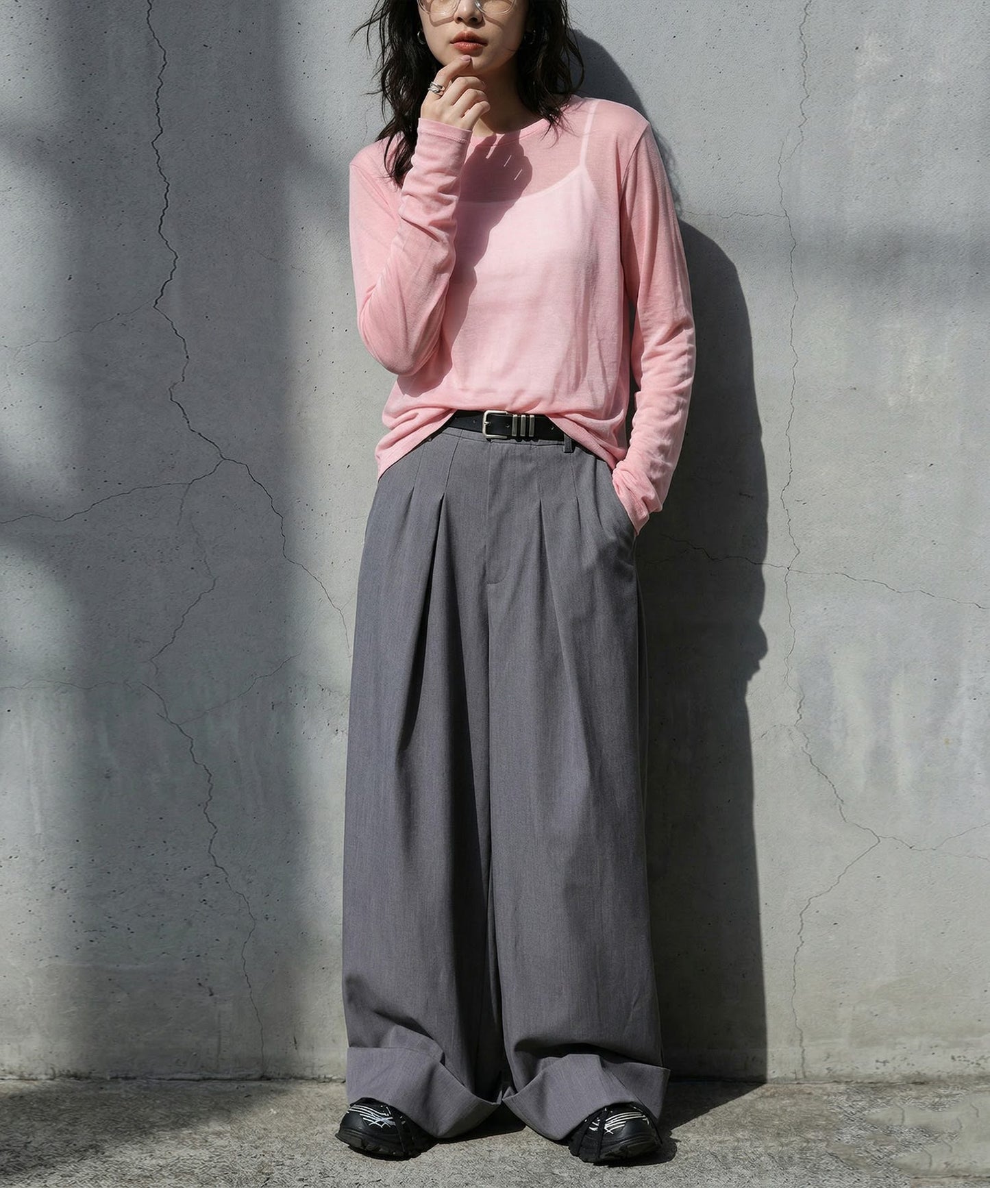 100% Cotton U-Neck Sheer Long-Sleeve T-Shirt Ladies