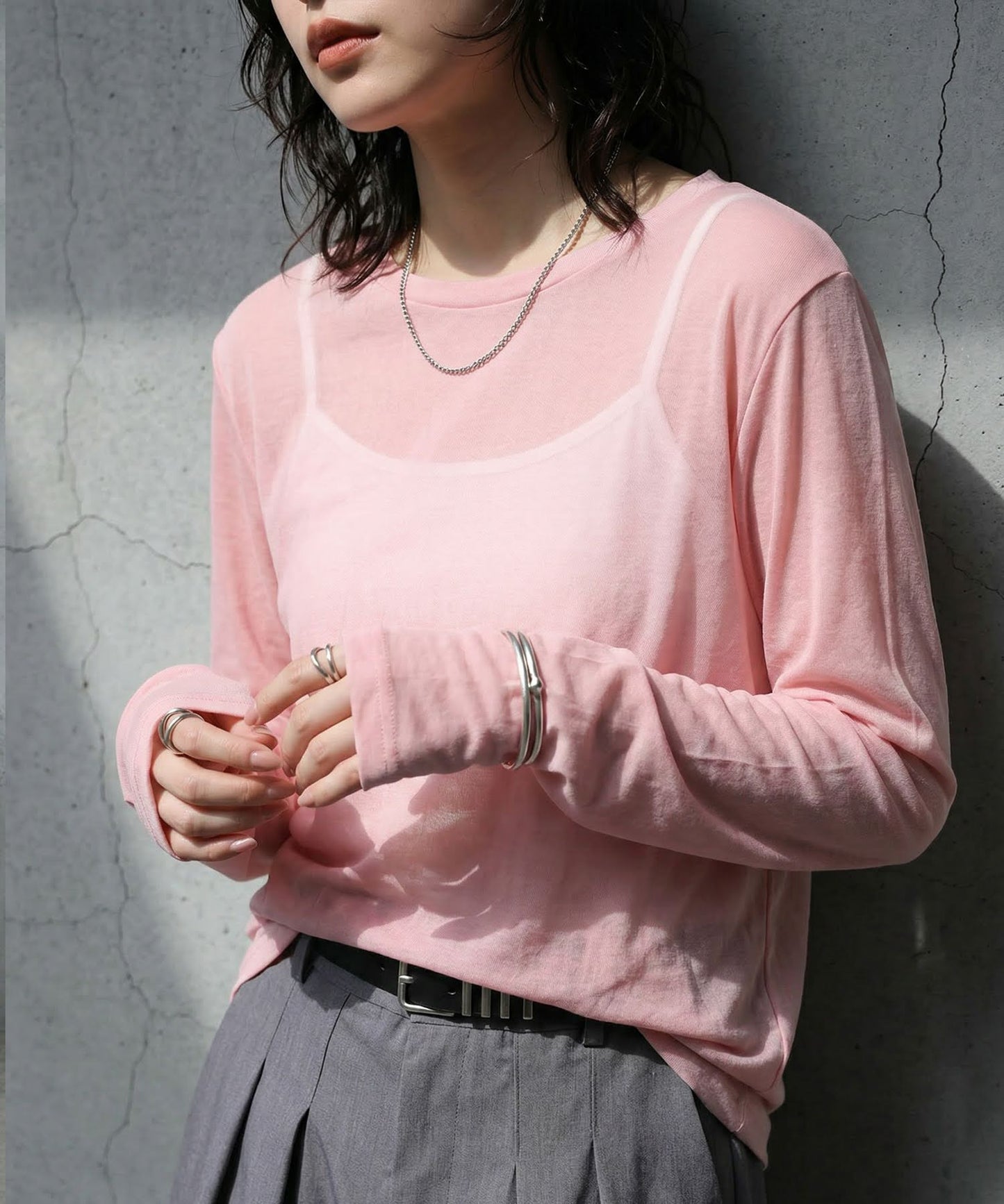 100% Cotton U-Neck Sheer Long-Sleeve T-Shirt Ladies