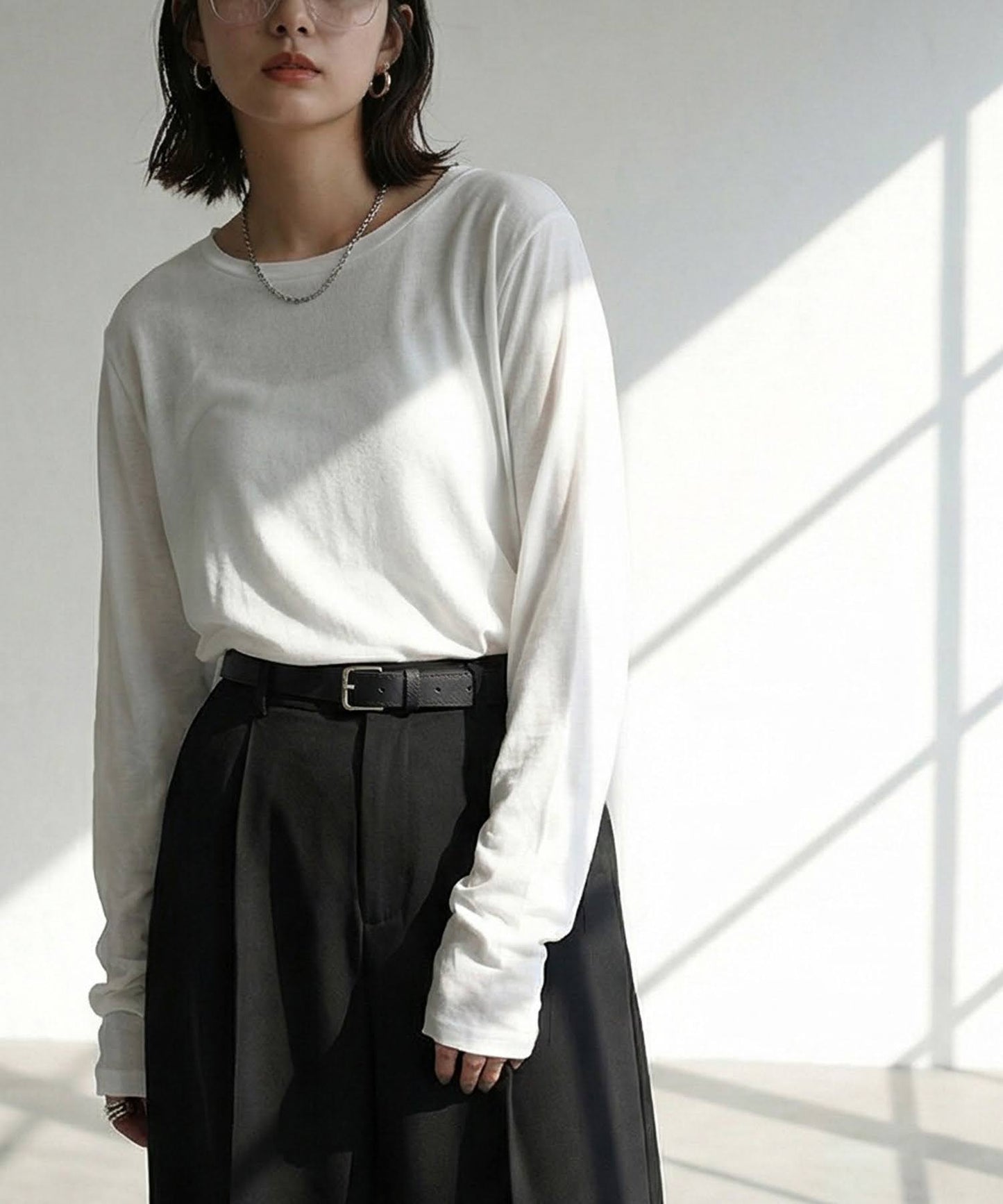 100% Cotton U-Neck Sheer Long-Sleeve T-Shirt Ladies