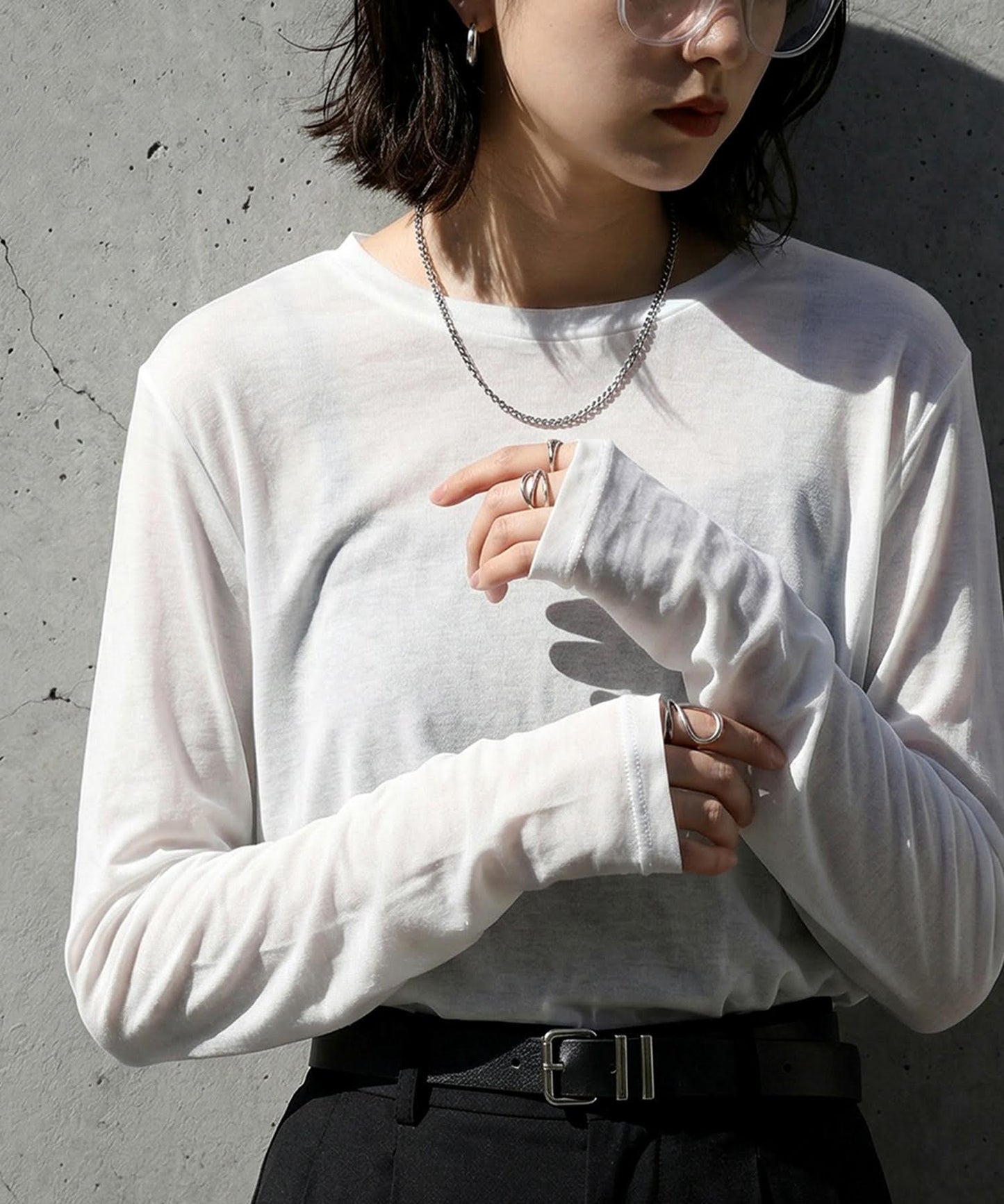 100% Cotton U-Neck Sheer Long-Sleeve T-Shirt Ladies