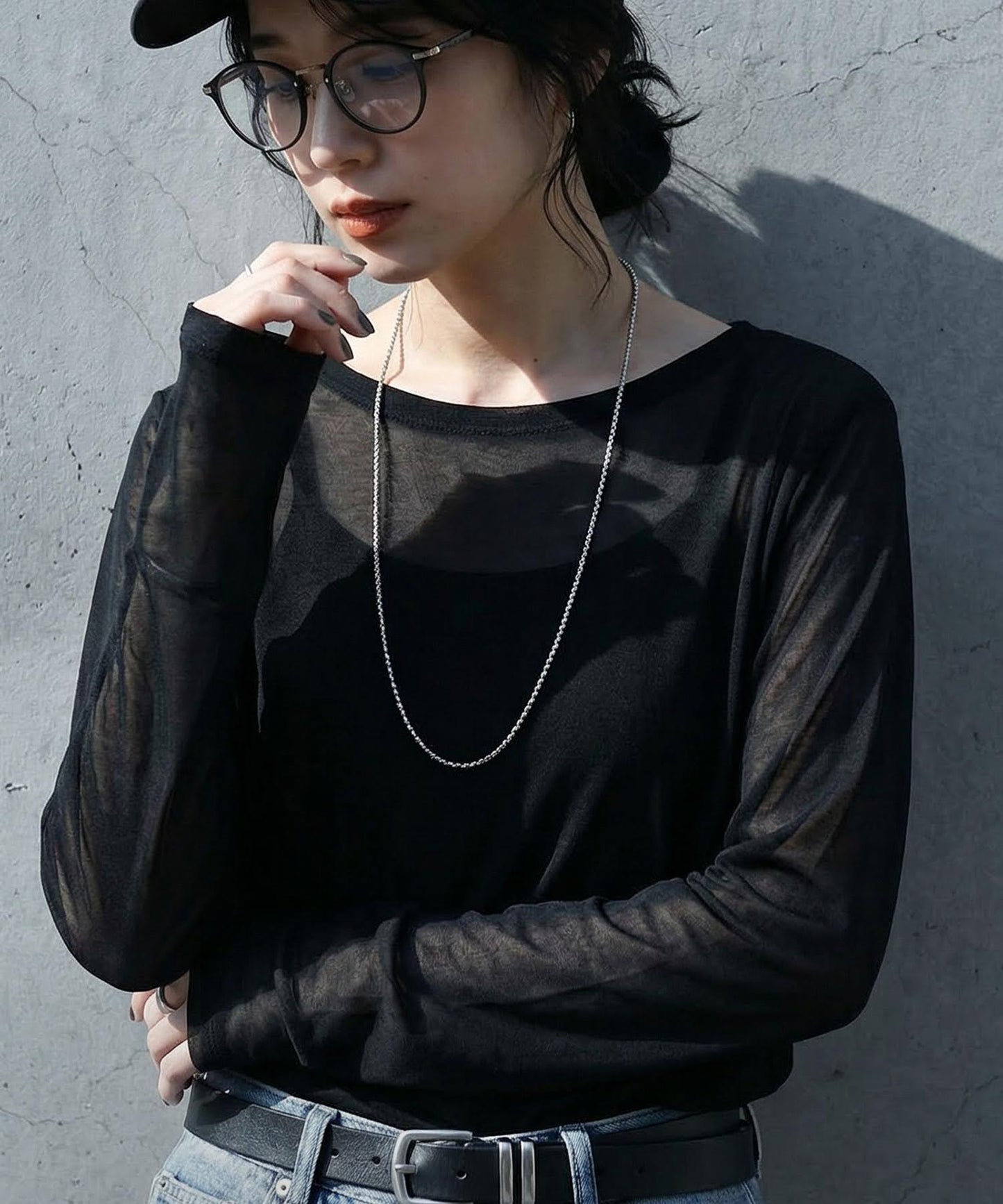 100% Cotton U-Neck Sheer Long-Sleeve T-Shirt Ladies