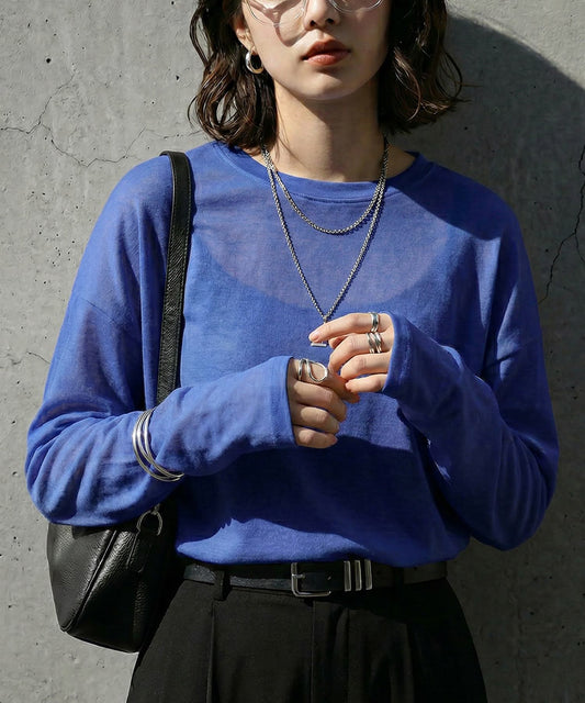 100% Cotton U-Neck Sheer Long-Sleeve T-Shirt Ladies