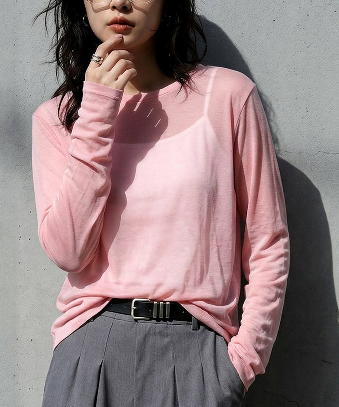 100% Cotton U-Neck Sheer Long-Sleeve T-Shirt Ladies