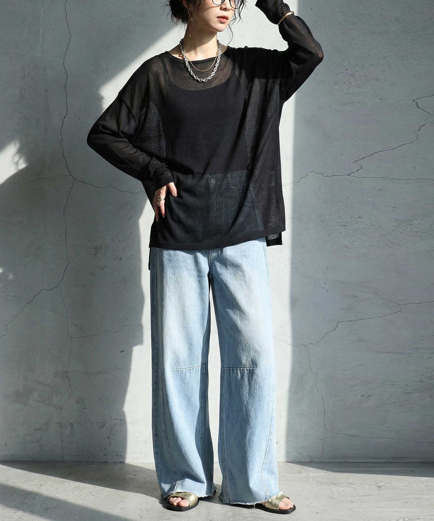 Crew Neck Sheer Long-Sleeve Tops Ladies