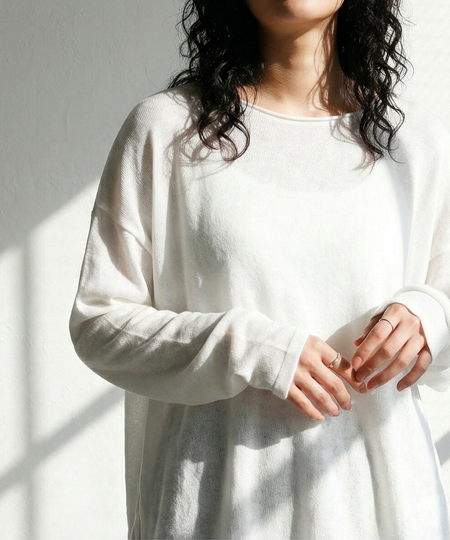Crew Neck Sheer Long-Sleeve Tops Ladies