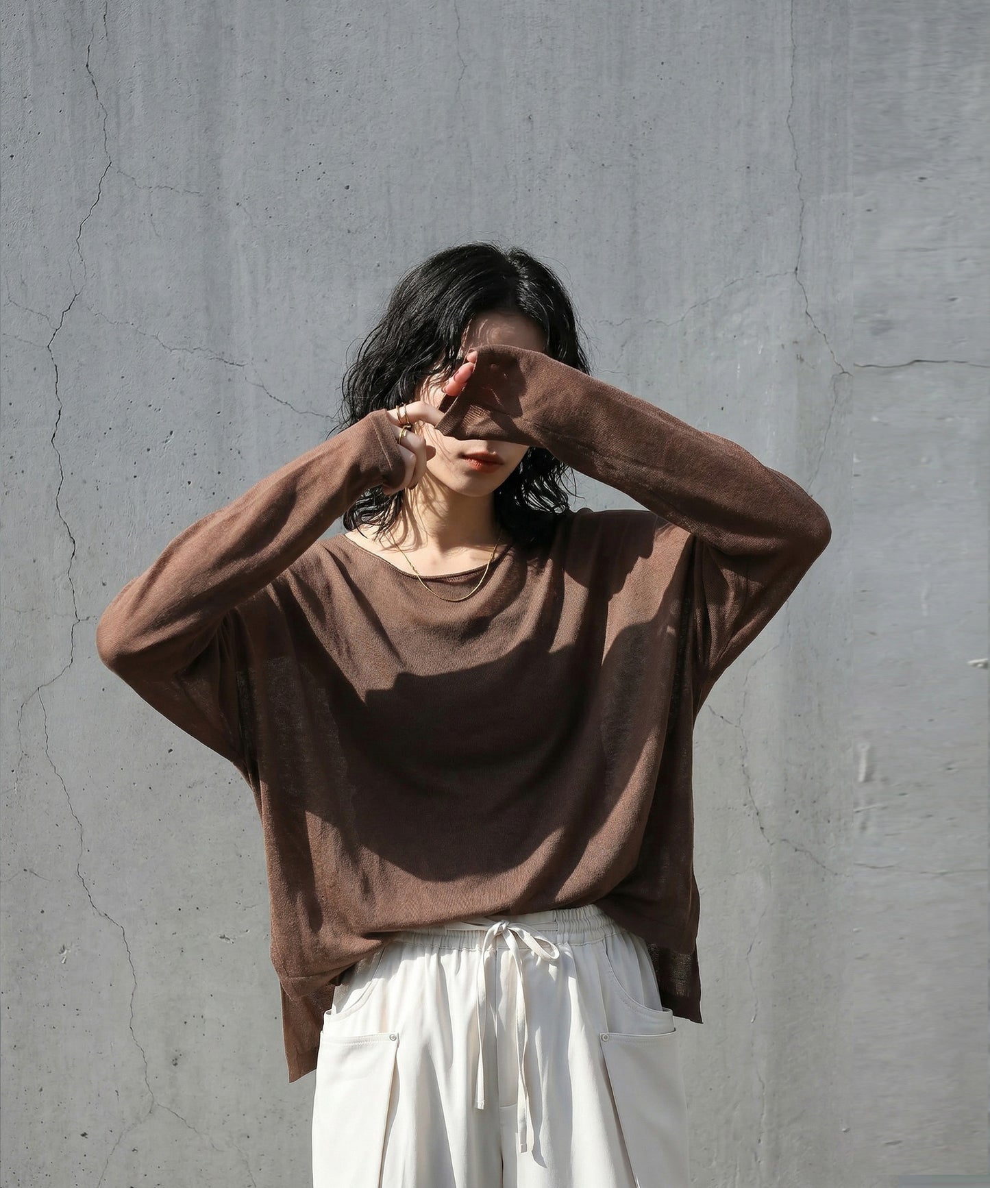 Crew Neck Sheer Long-Sleeve Tops Ladies