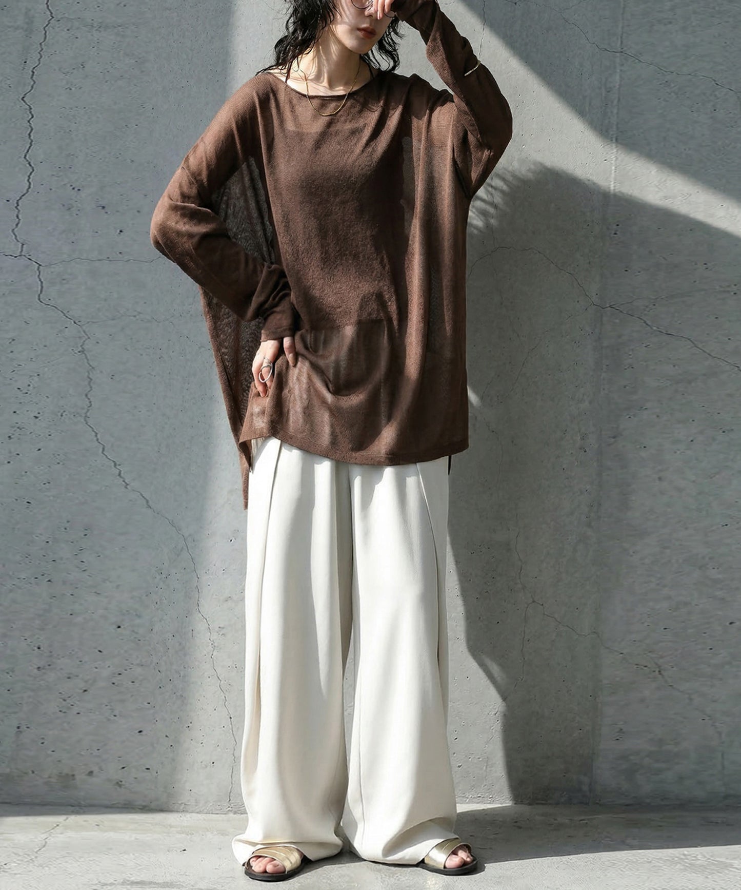 Crew Neck Sheer Long-Sleeve Tops Ladies
