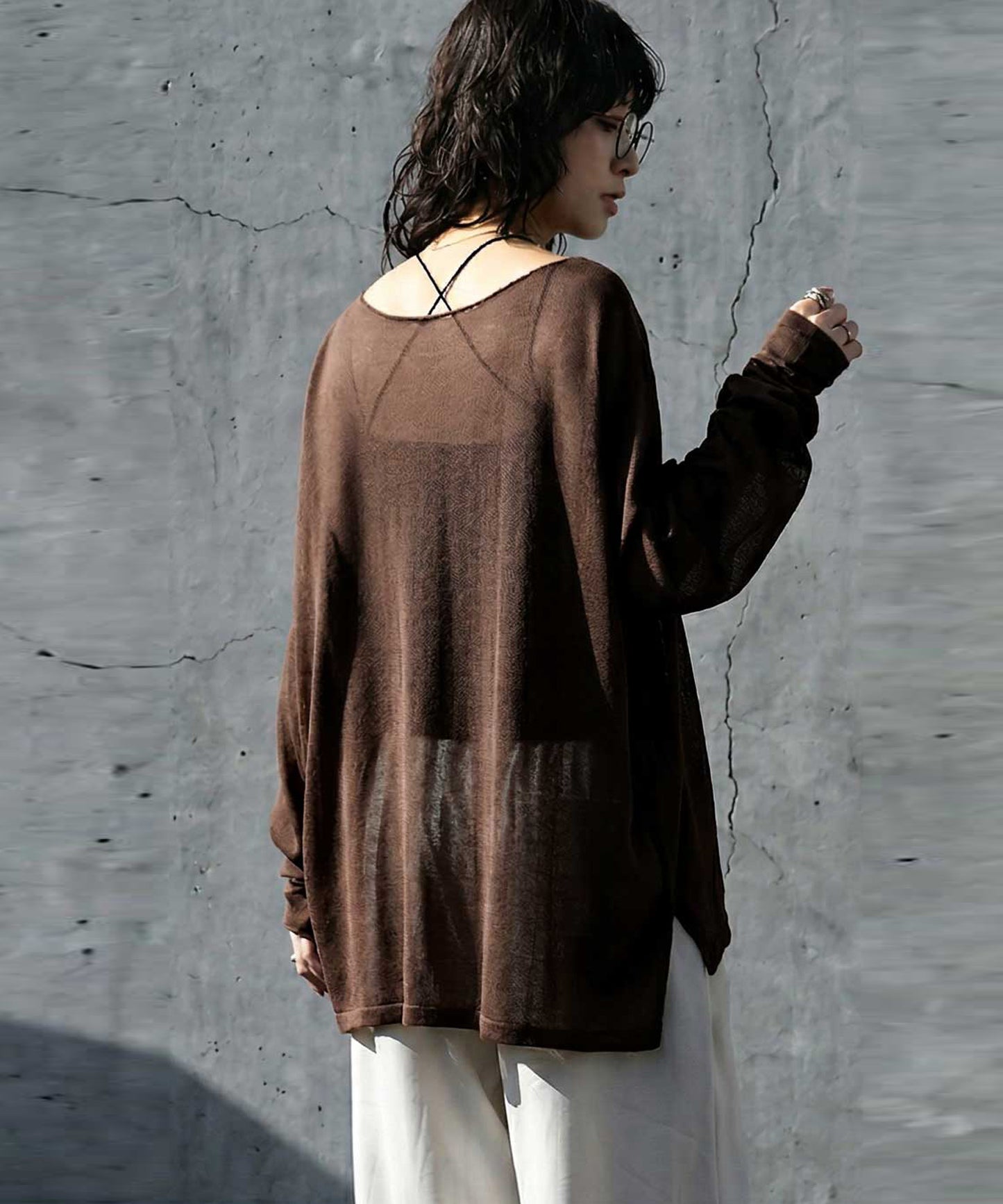 Crew Neck Sheer Long-Sleeve Tops Ladies