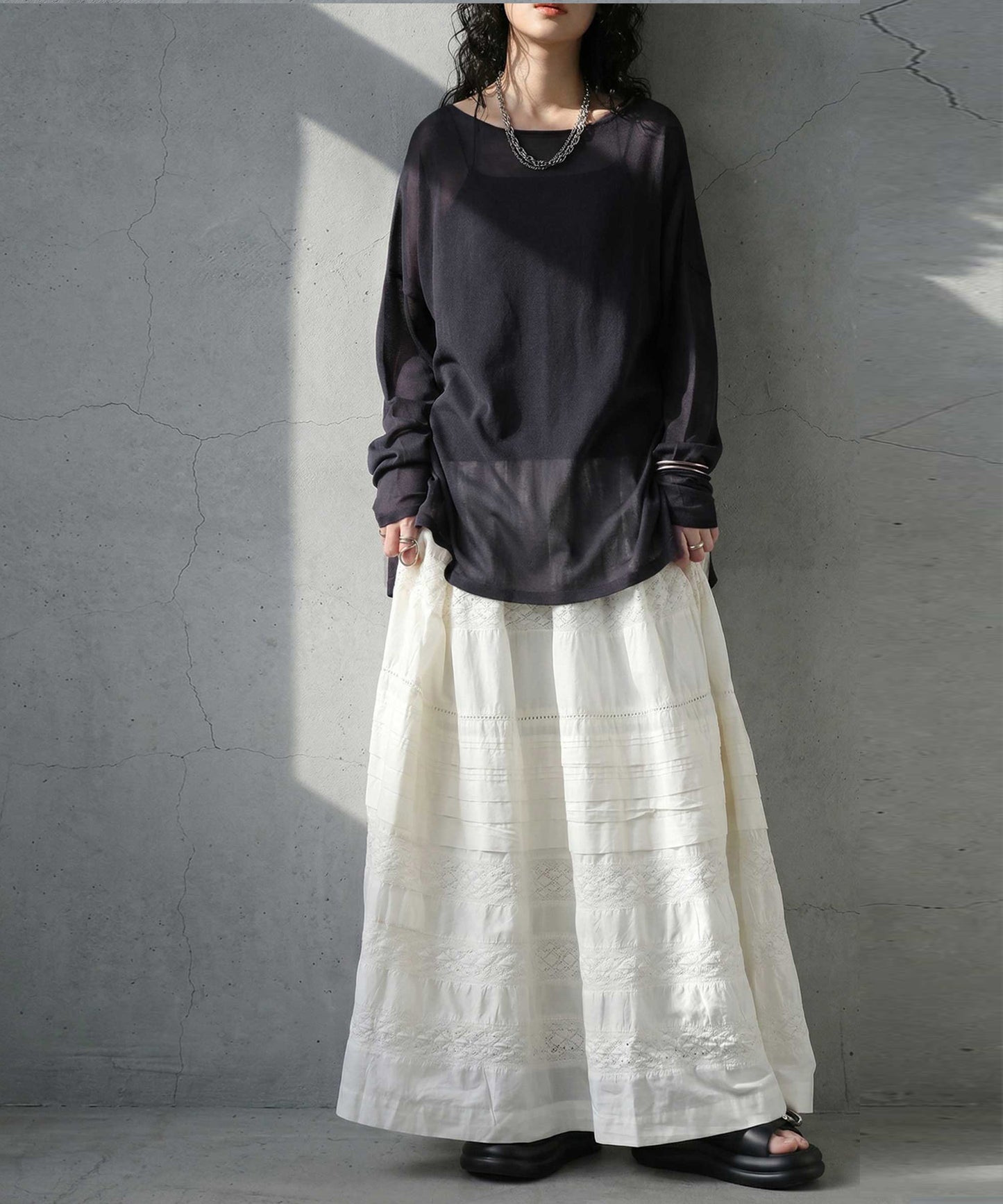 Crew Neck Sheer Long-Sleeve Tops Ladies