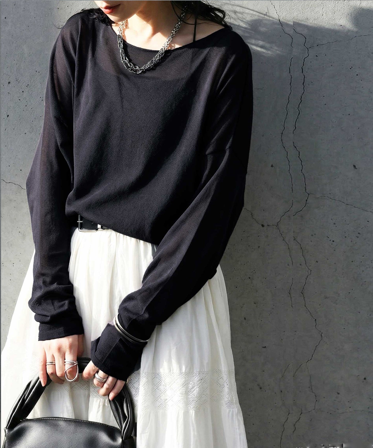 Crew Neck Sheer Long-Sleeve Tops Ladies