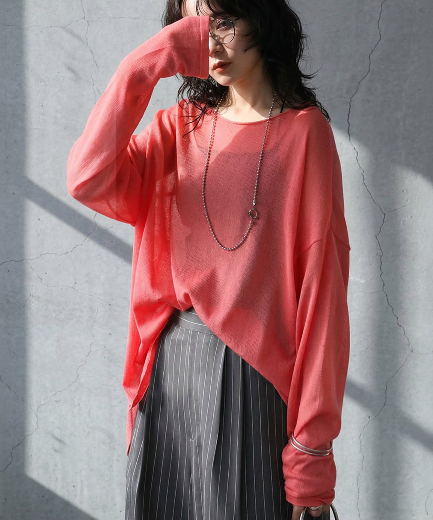 Crew Neck Sheer Long-Sleeve Tops Ladies
