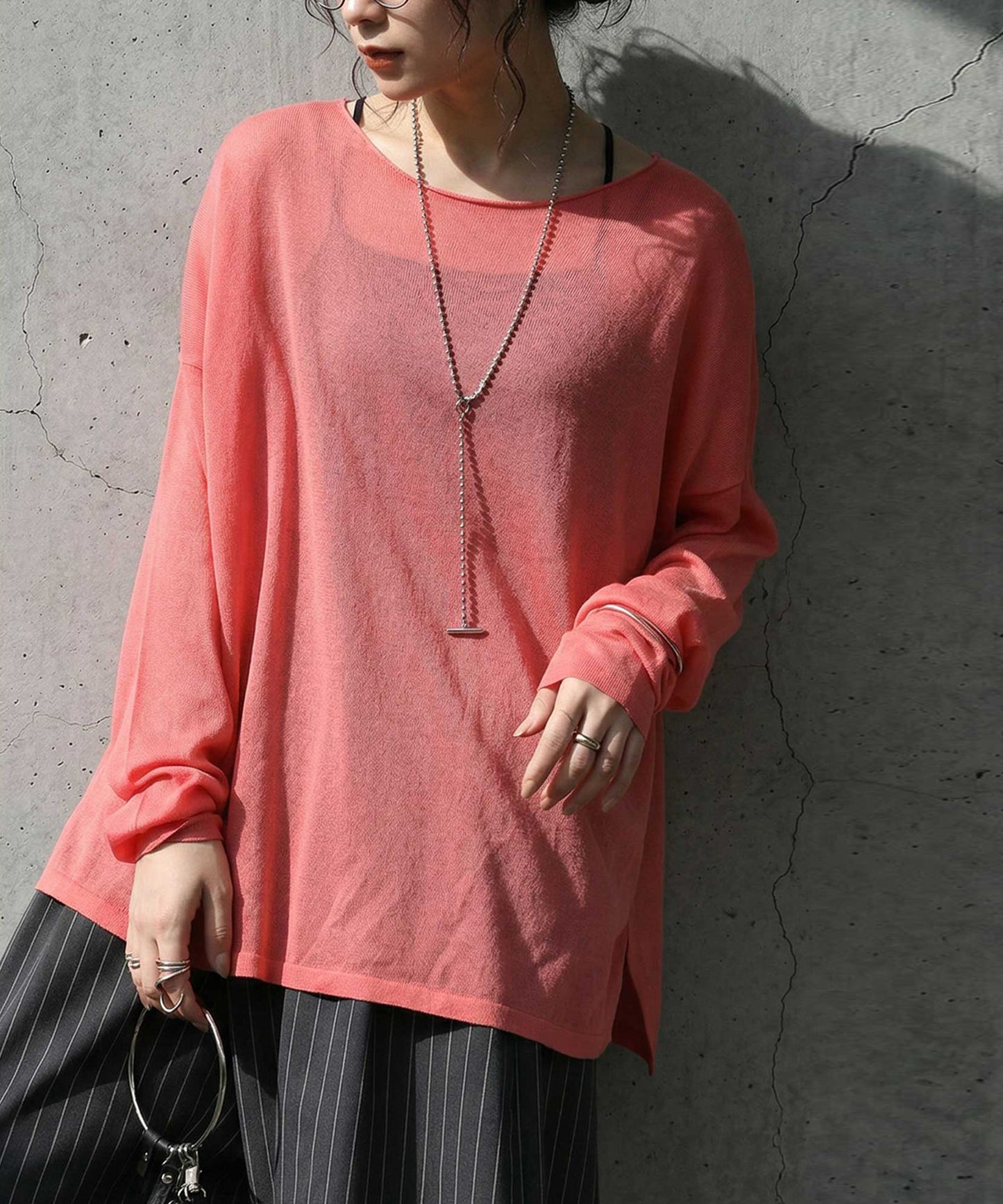 Crew Neck Sheer Long-Sleeve Tops Ladies