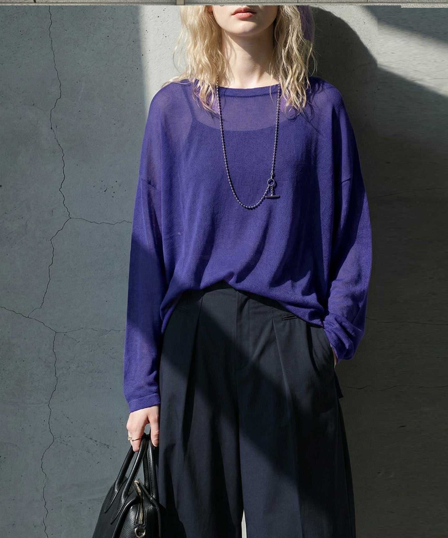 Crew Neck Sheer Long-Sleeve Tops Ladies
