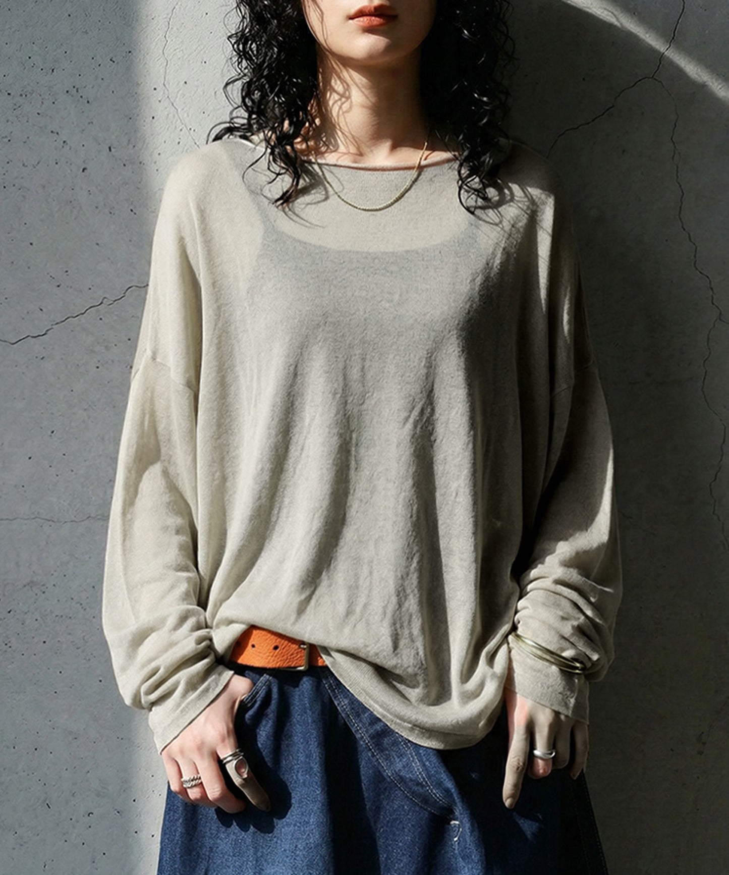 Crew Neck Sheer Long-Sleeve Tops Ladies