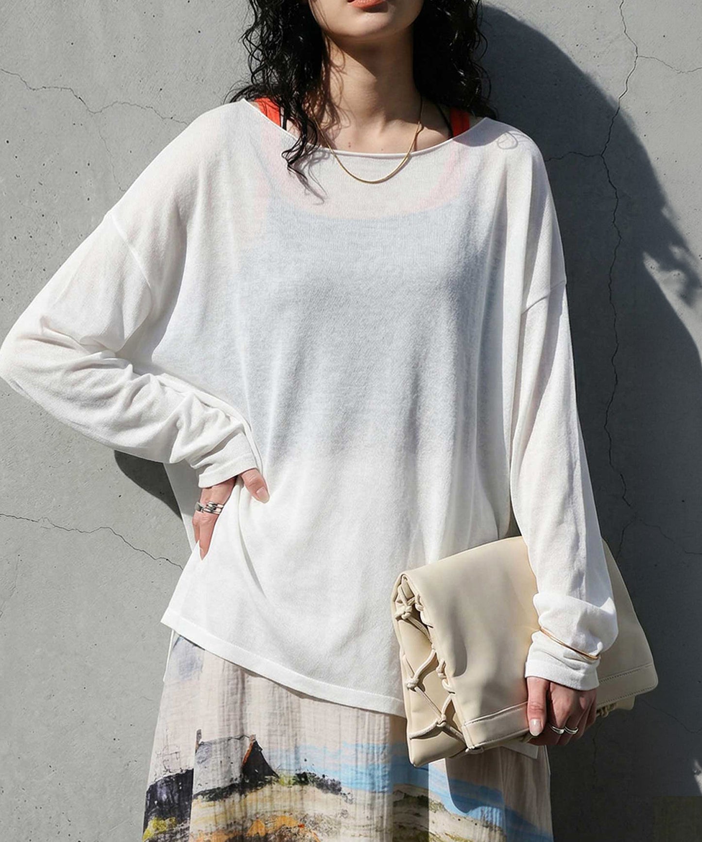Crew Neck Sheer Long-Sleeve Tops Ladies