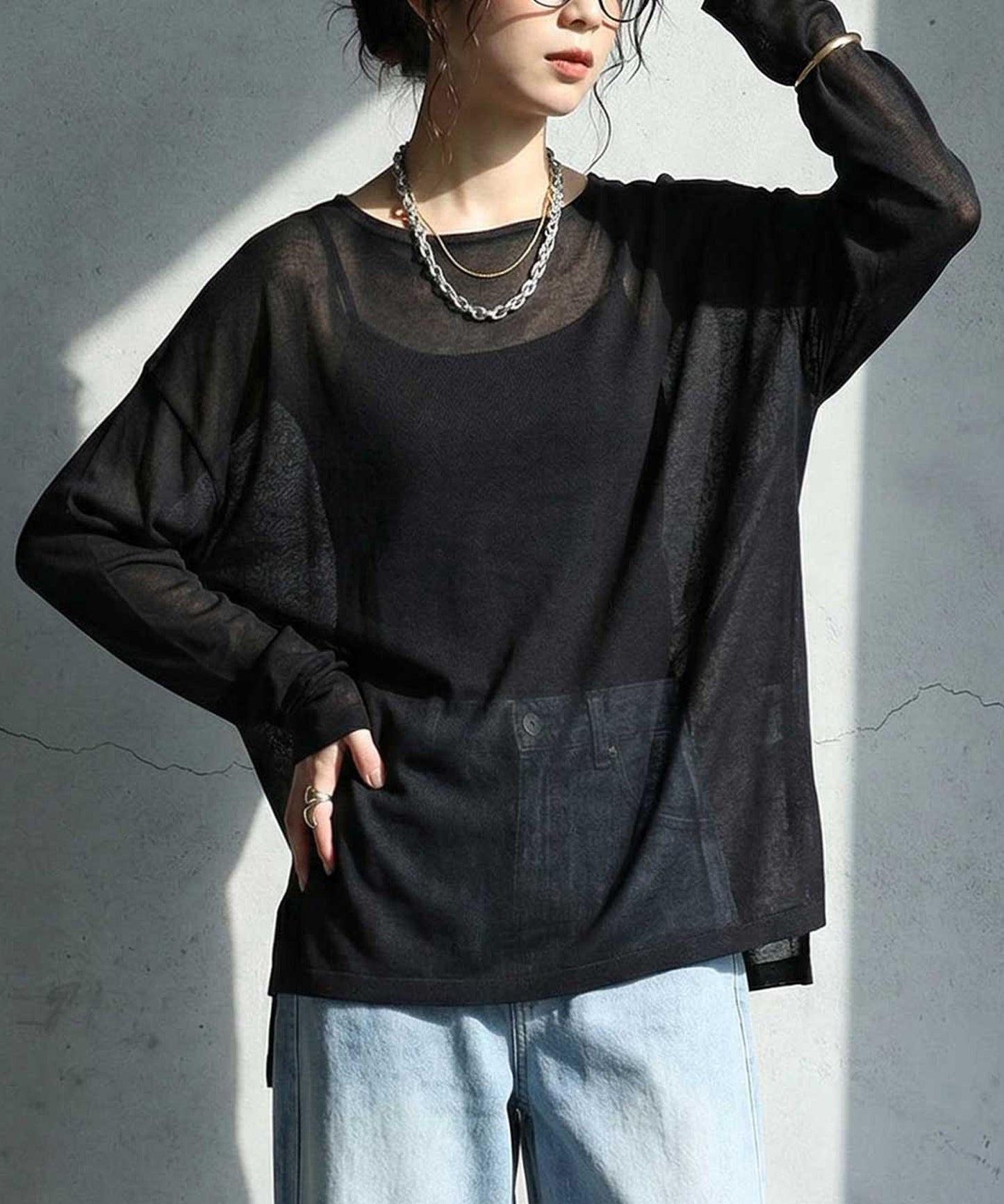 Crew Neck Sheer Long-Sleeve Tops Ladies