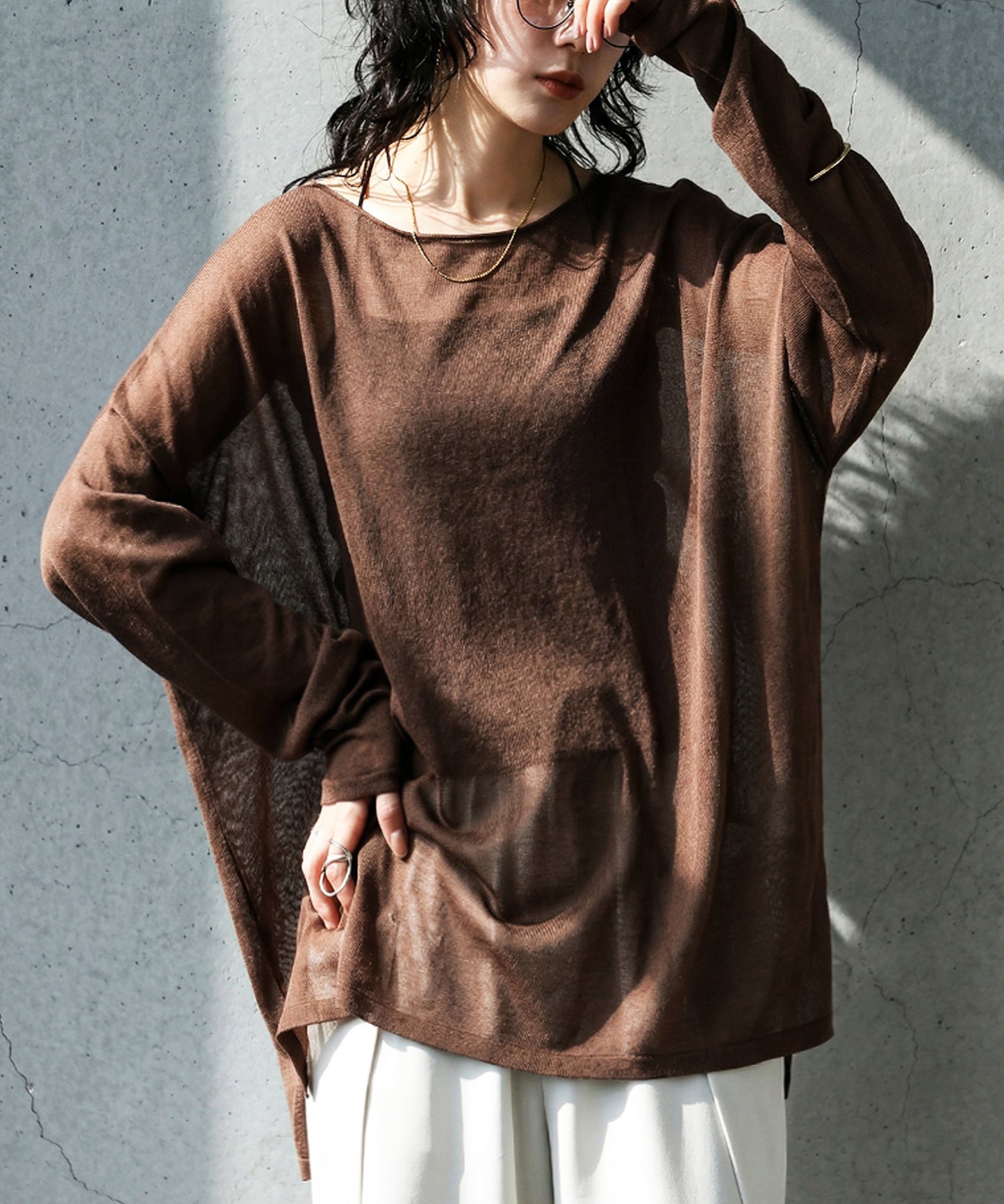 Crew Neck Sheer Long-Sleeve Tops Ladies