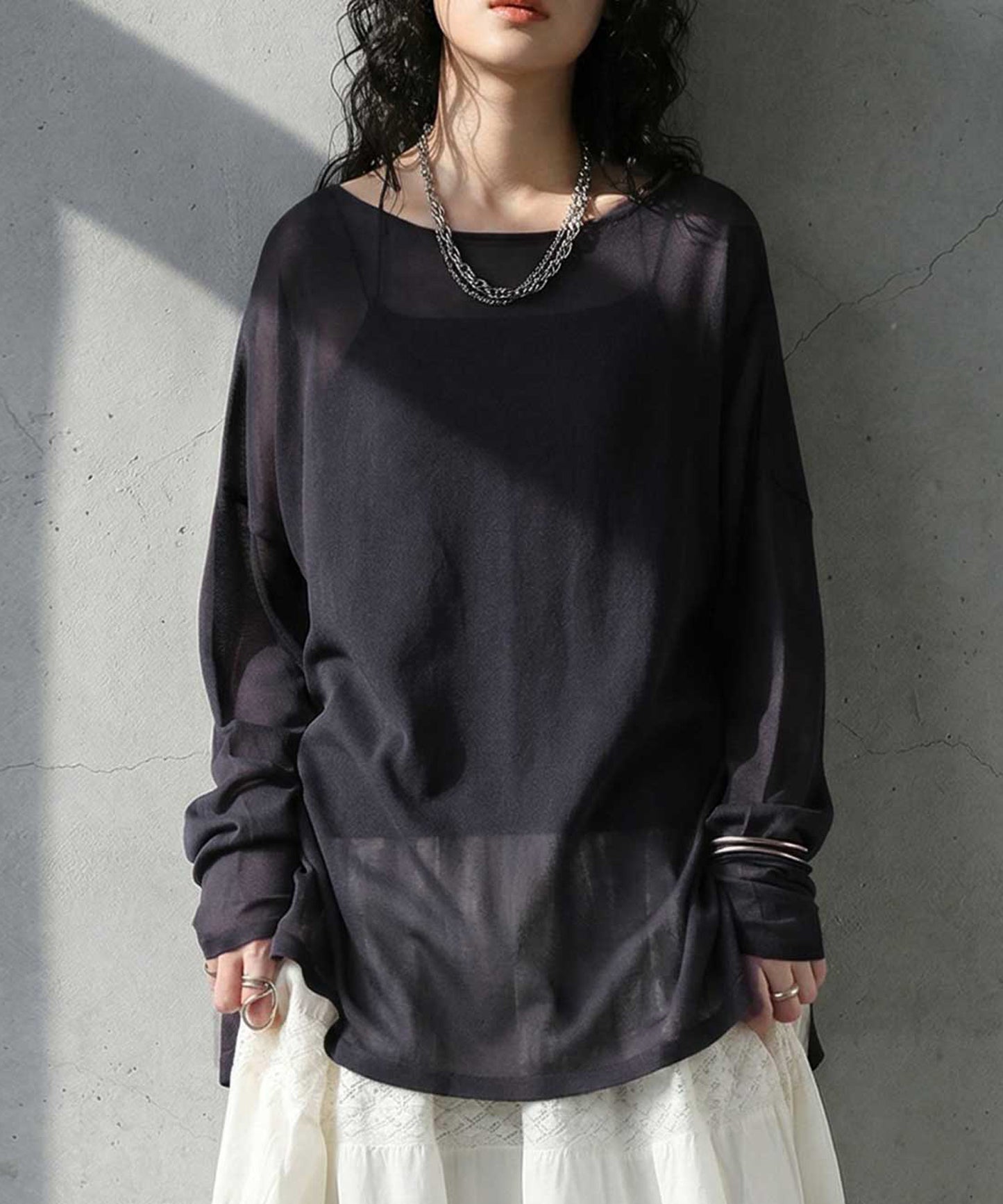 Crew Neck Sheer Long-Sleeve Tops Ladies
