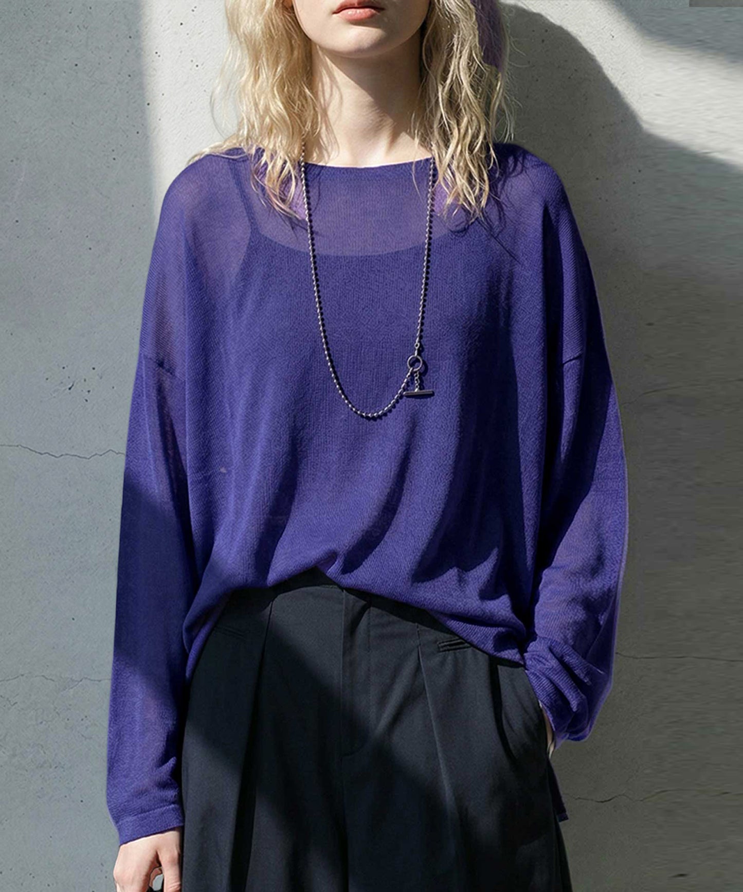 Crew Neck Sheer Long-Sleeve Tops Ladies