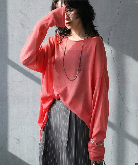 Crew Neck Sheer Long-Sleeve Tops Ladies