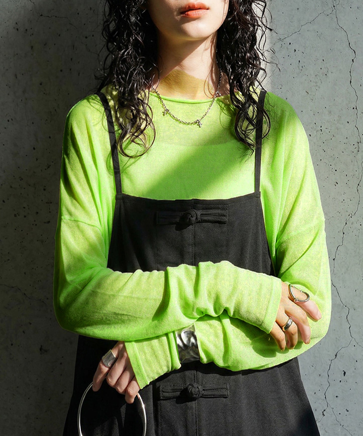 Crew Neck Sheer Long-Sleeve Tops Ladies