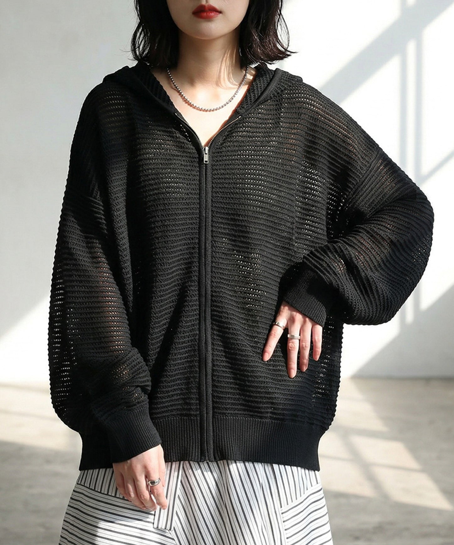 Openwork Knit Hoodie Ladies