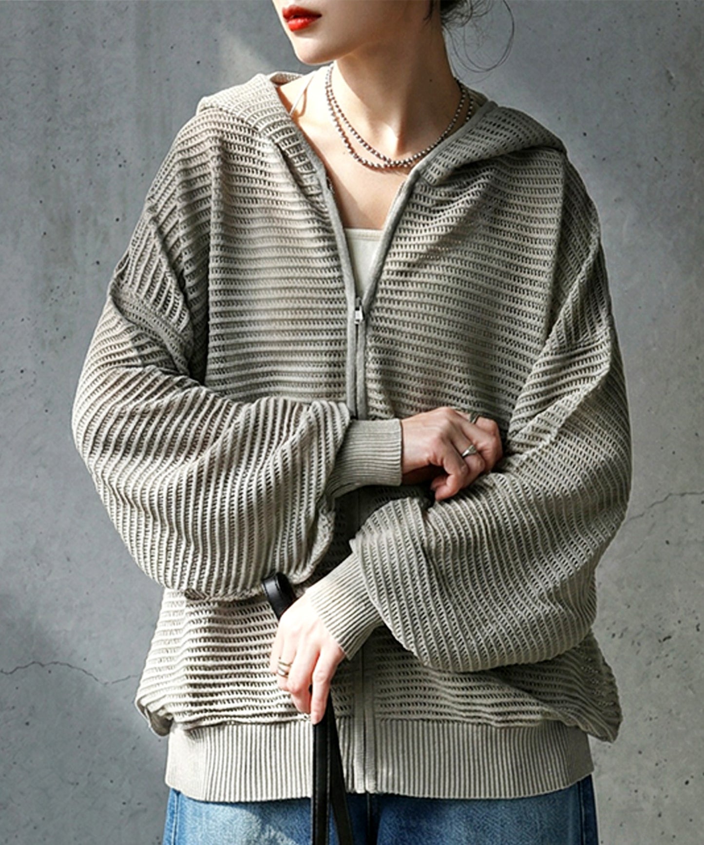 Openwork Knit Hoodie Ladies