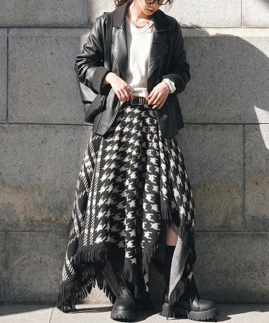 Houndstooth And Checkered Fringe 2-Way Knit Poncho Skirt Ladies