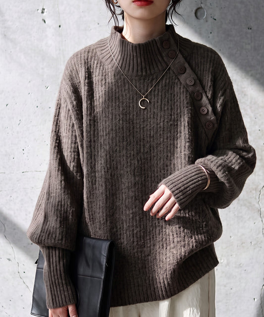 Diagonal Button High Neck Dolman Knit Ladies