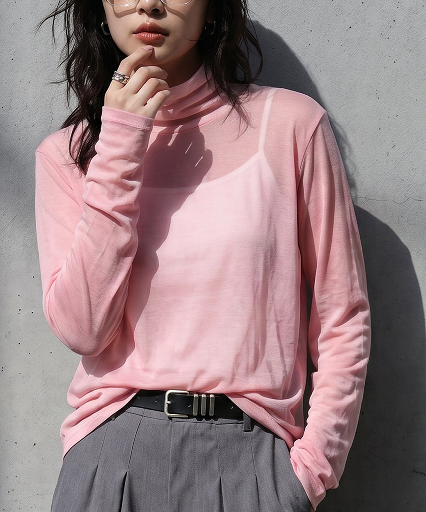 100% Cotton Sheer Turtleneck Cut And Sewn Ladies