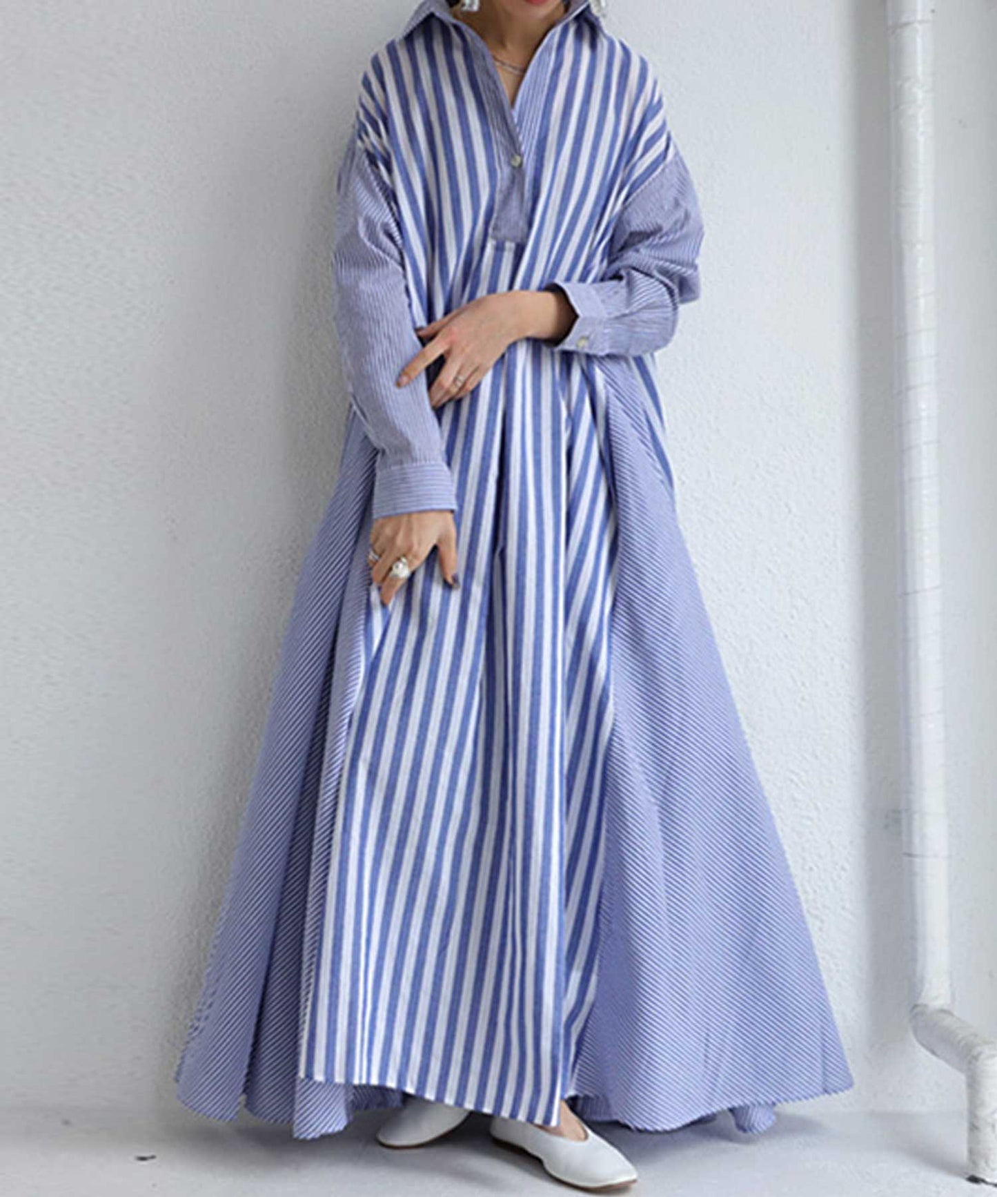 Striped pattern shirt dress Ladies