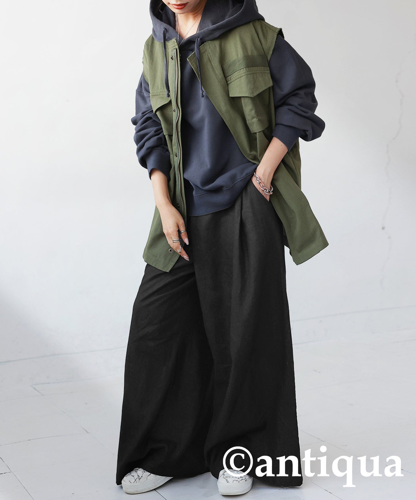 Hemp-blend wide pants Ladies