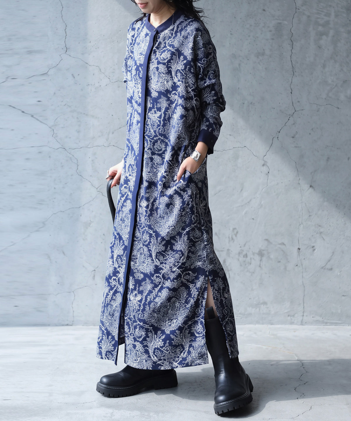 Toile de Jouy style Ladies casual shirt dress Long-sleeves