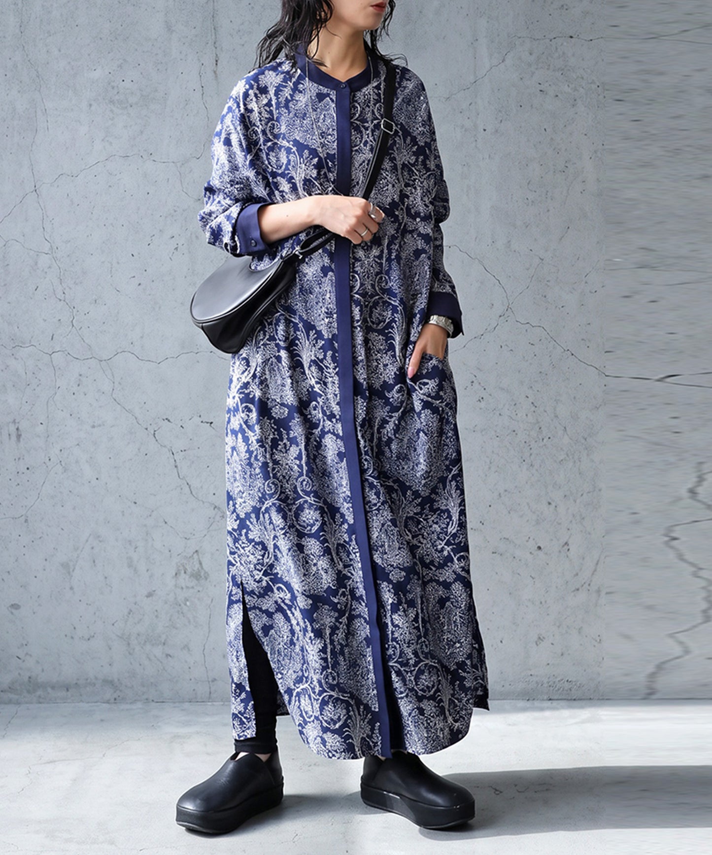 Toile de Jouy style Ladies casual shirt dress Long-sleeves