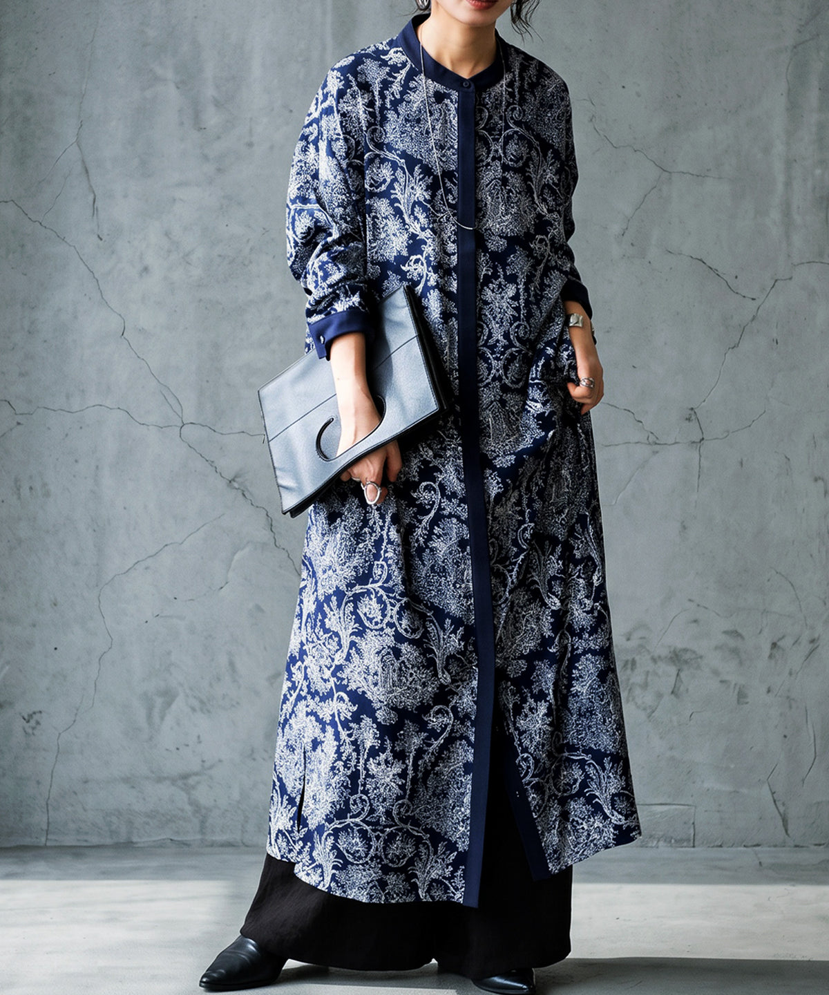 Toile de Jouy style Ladies casual shirt dress Long-sleeves